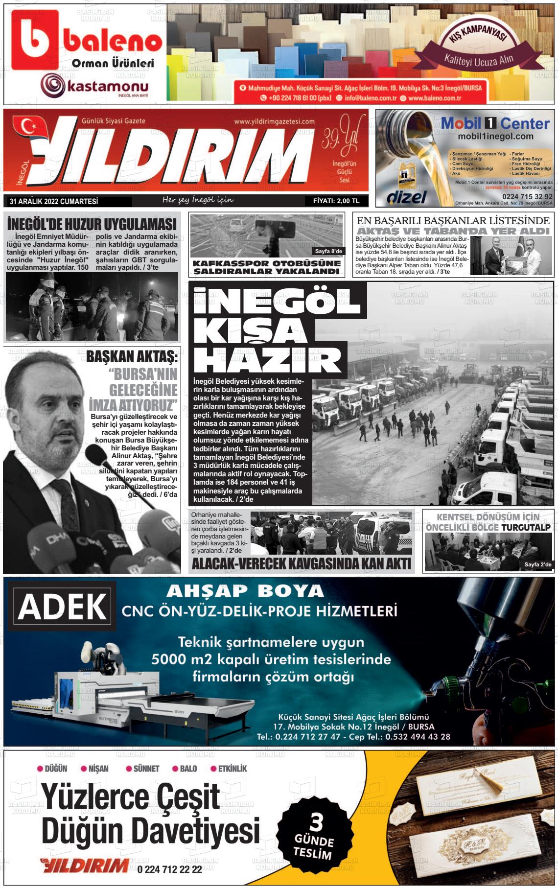 31 Aralık 2022 Yildirim Gazete Manşeti