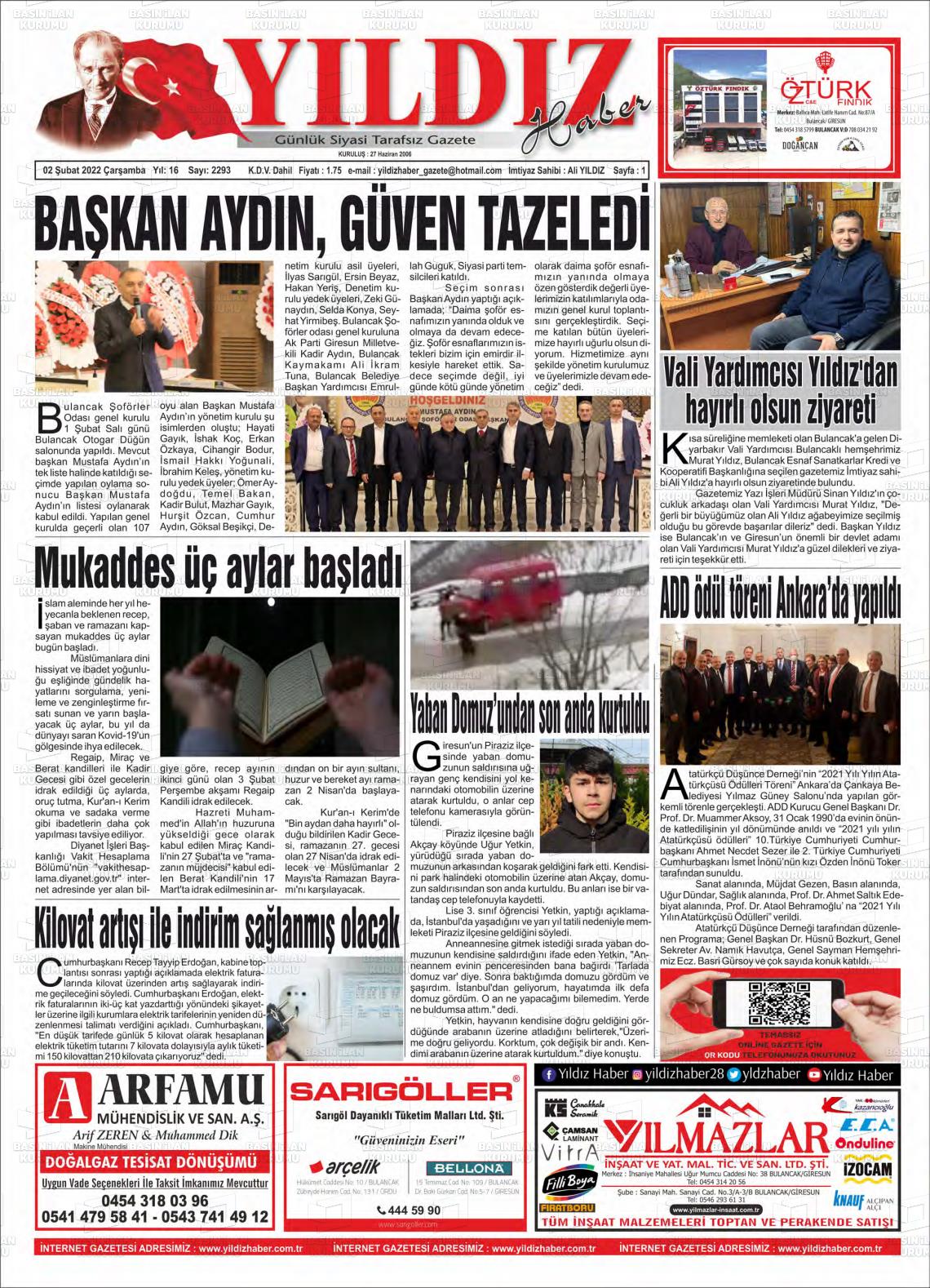 02 Şubat 2022 Yıldız Haber Gazete Manşeti