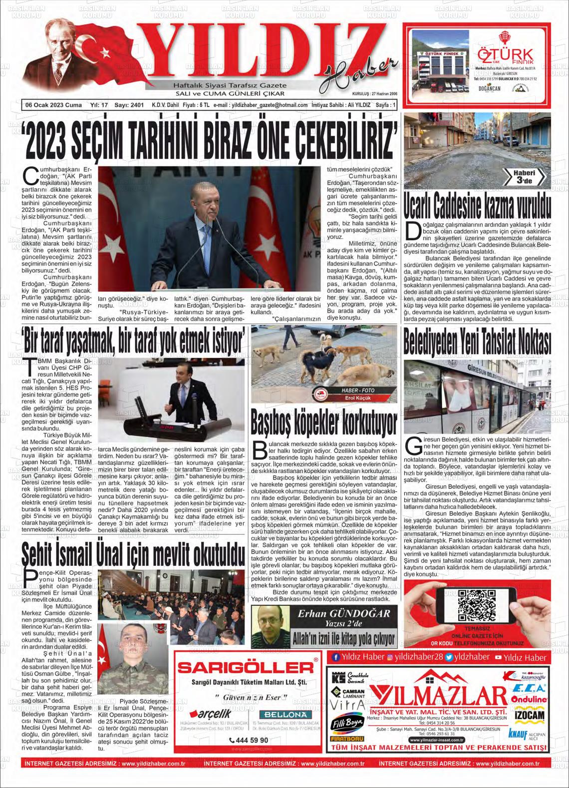 06 Ocak 2023 Yıldız Haber Gazete Manşeti