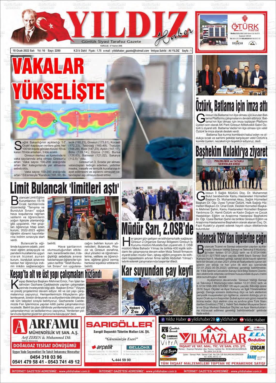 18 Ocak 2022 Yıldız Haber Gazete Manşeti