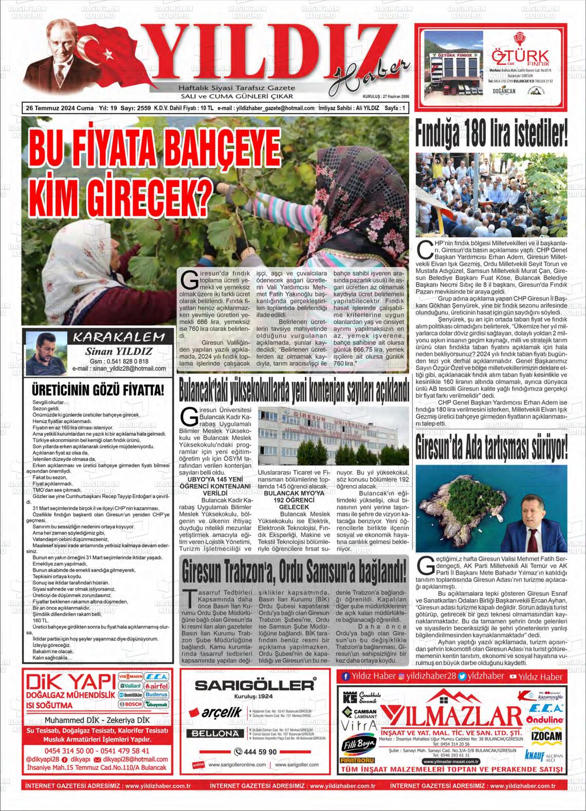 27 Temmuz 2024 Yıldız Haber Gazete Manşeti