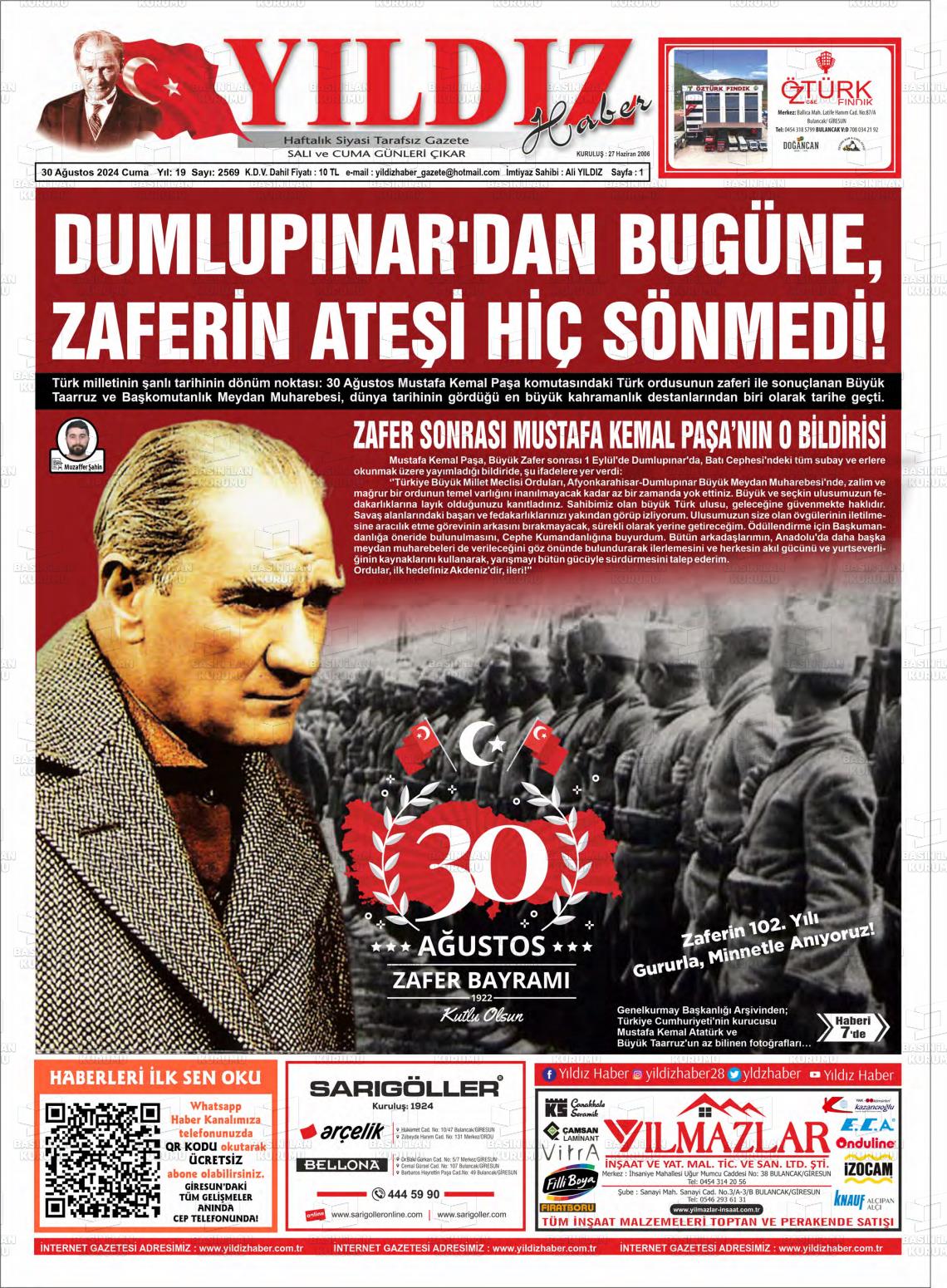 30 Ağustos 2024 Yıldız Haber Gazete Manşeti