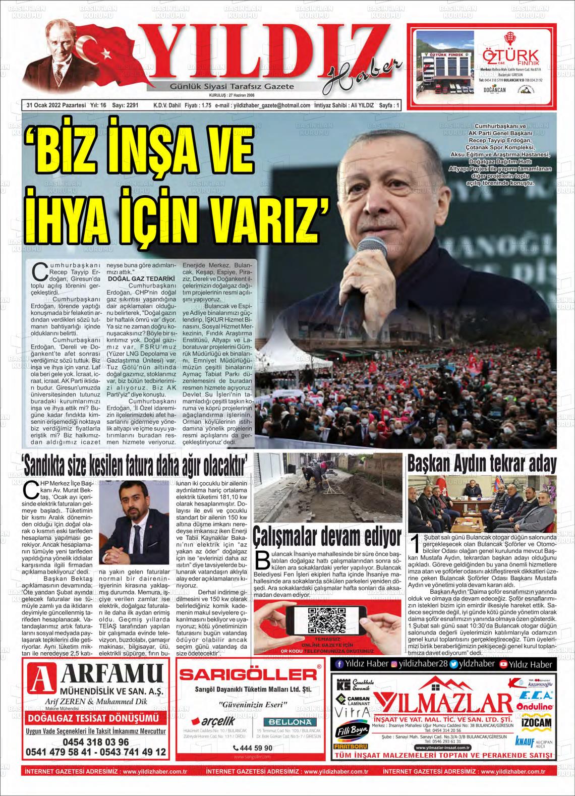 31 Ocak 2022 Yıldız Haber Gazete Manşeti