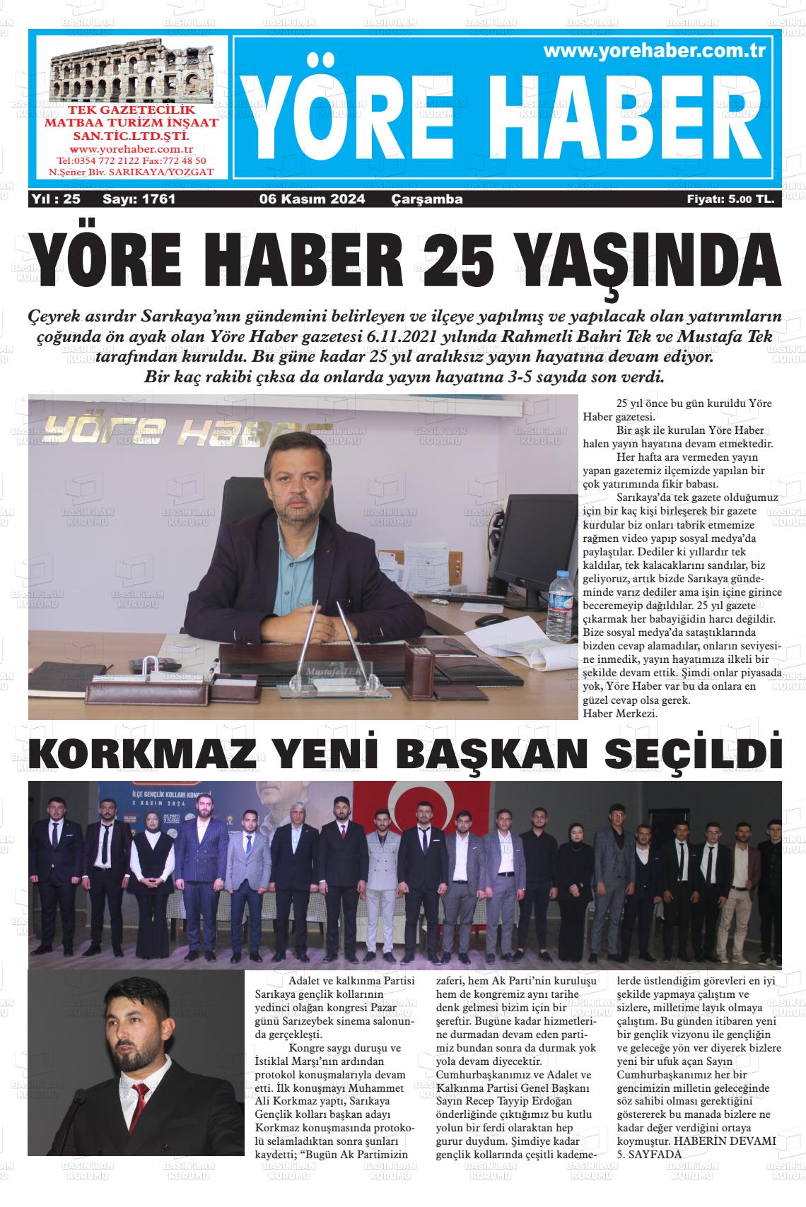 06 Kasım 2024 Sarıkaya Yöre Haber Gazete Manşeti