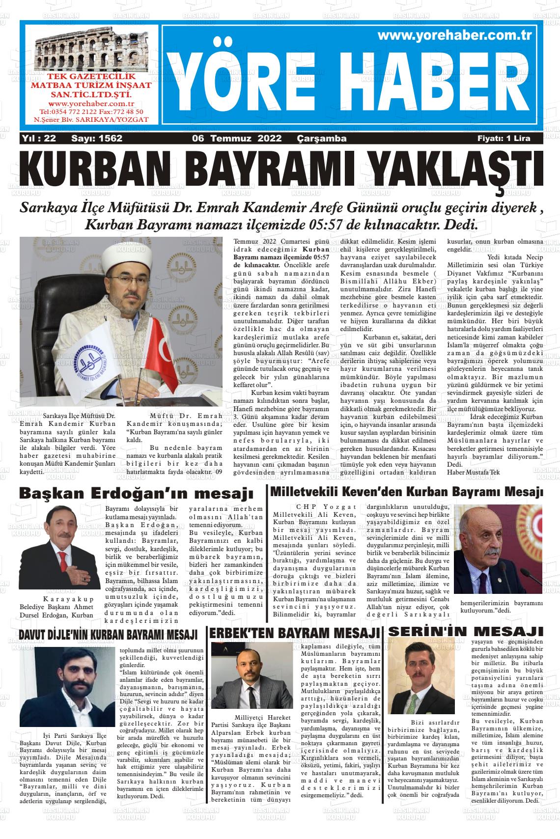 06 Temmuz 2022 Sarıkaya Yöre Haber Gazete Manşeti