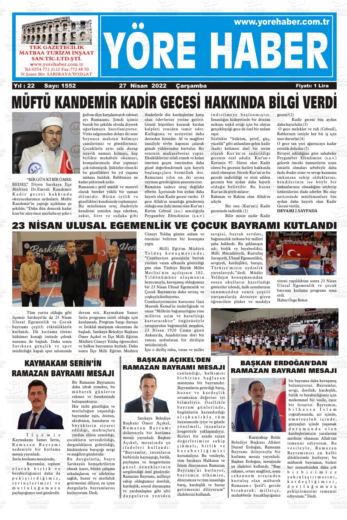 27 Nisan 2022 Sarıkaya Yöre Haber Gazete Manşeti