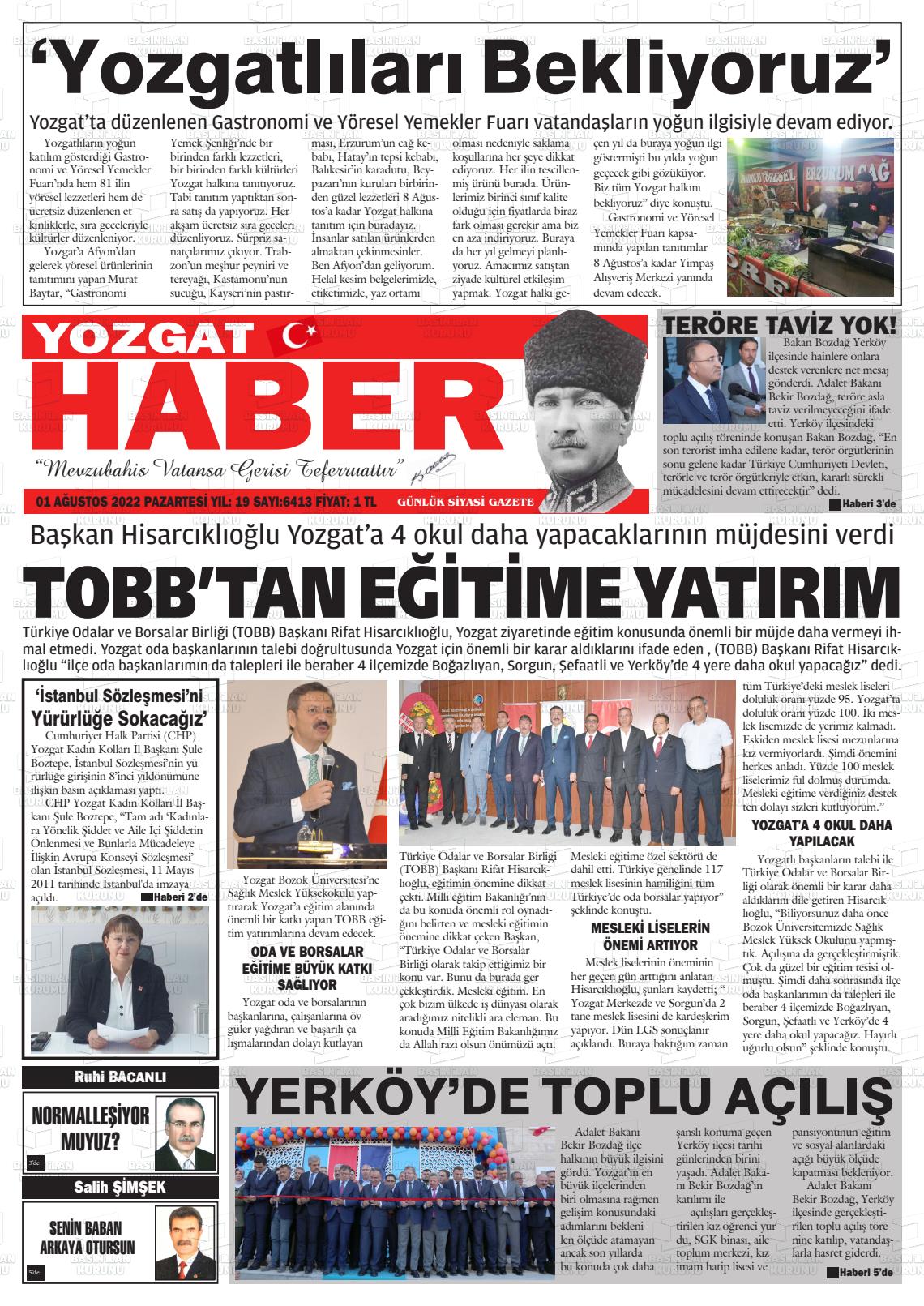 01 Ağustos 2022 Yozgat Haber Gazete Manşeti