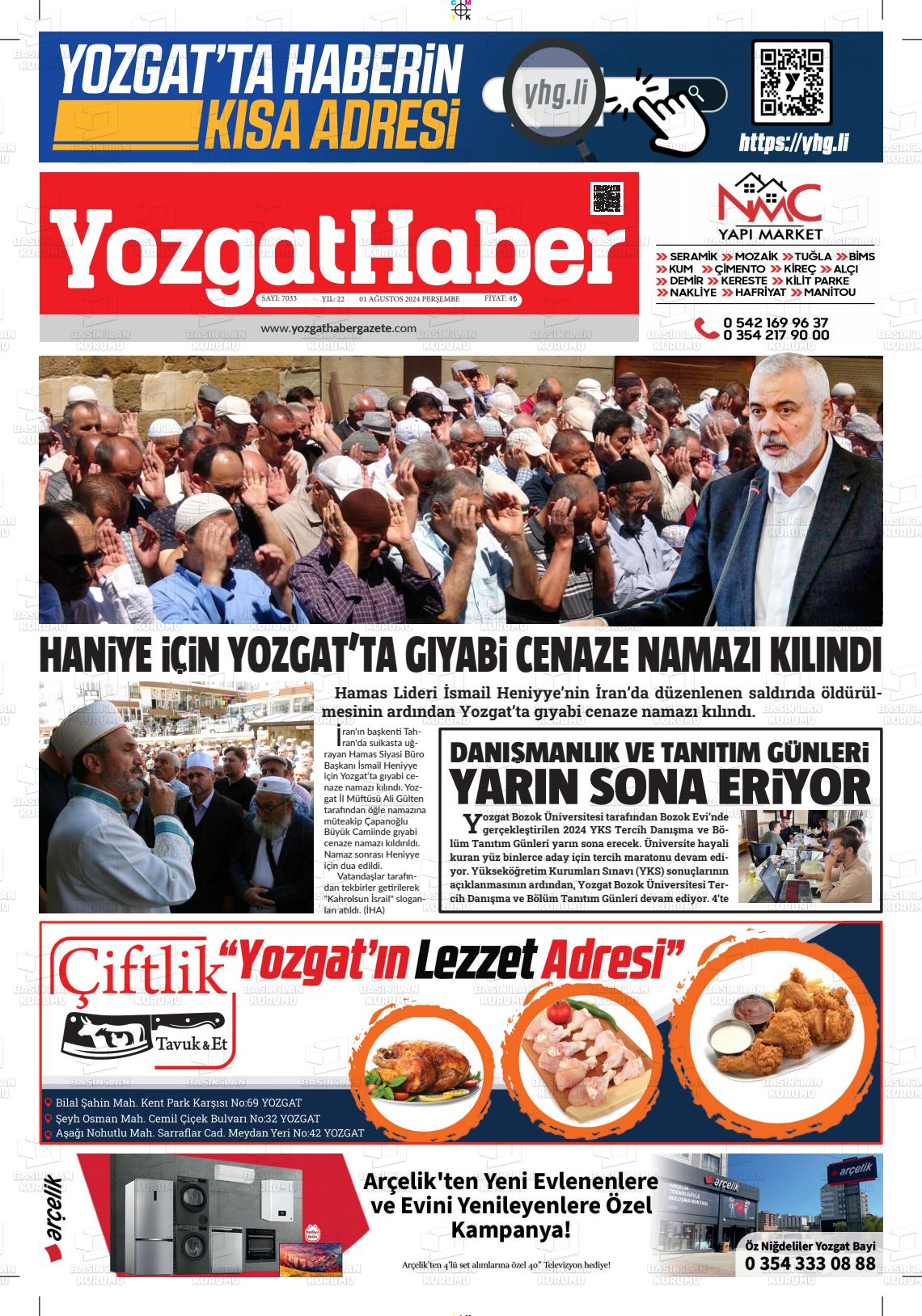 01 Ağustos 2024 Yozgat Haber Gazete Manşeti