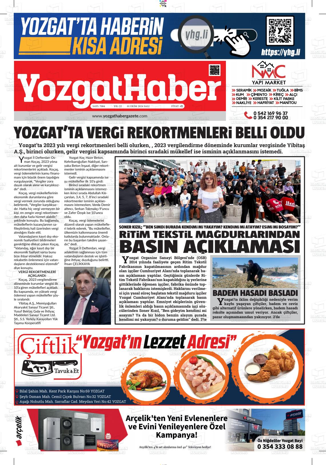 01 Ekim 2024 Yozgat Haber Gazete Manşeti