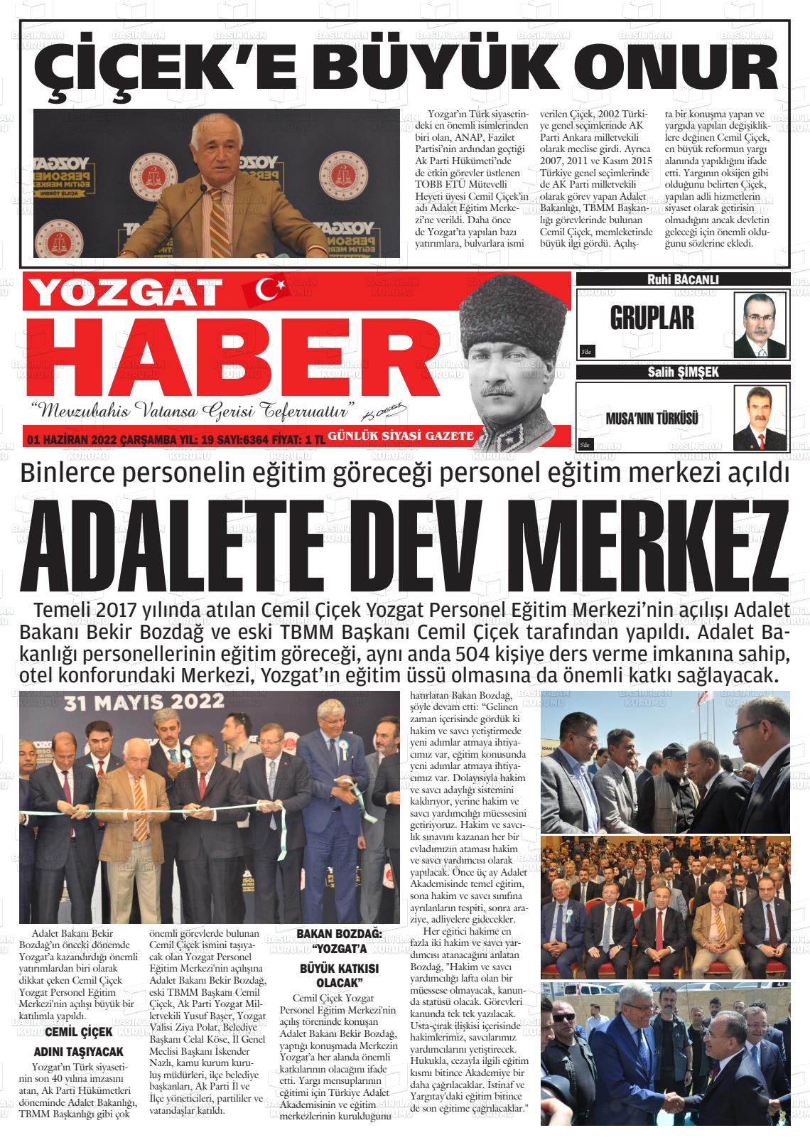 01 Haziran 2022 Yozgat Haber Gazete Manşeti