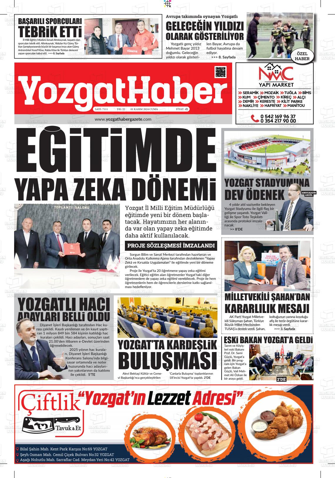 01 Kasım 2024 Yozgat Haber Gazete Manşeti