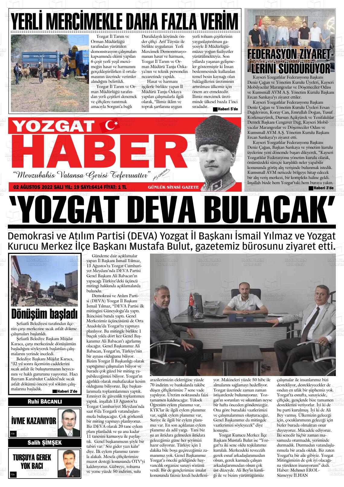 02 Ağustos 2022 Yozgat Haber Gazete Manşeti