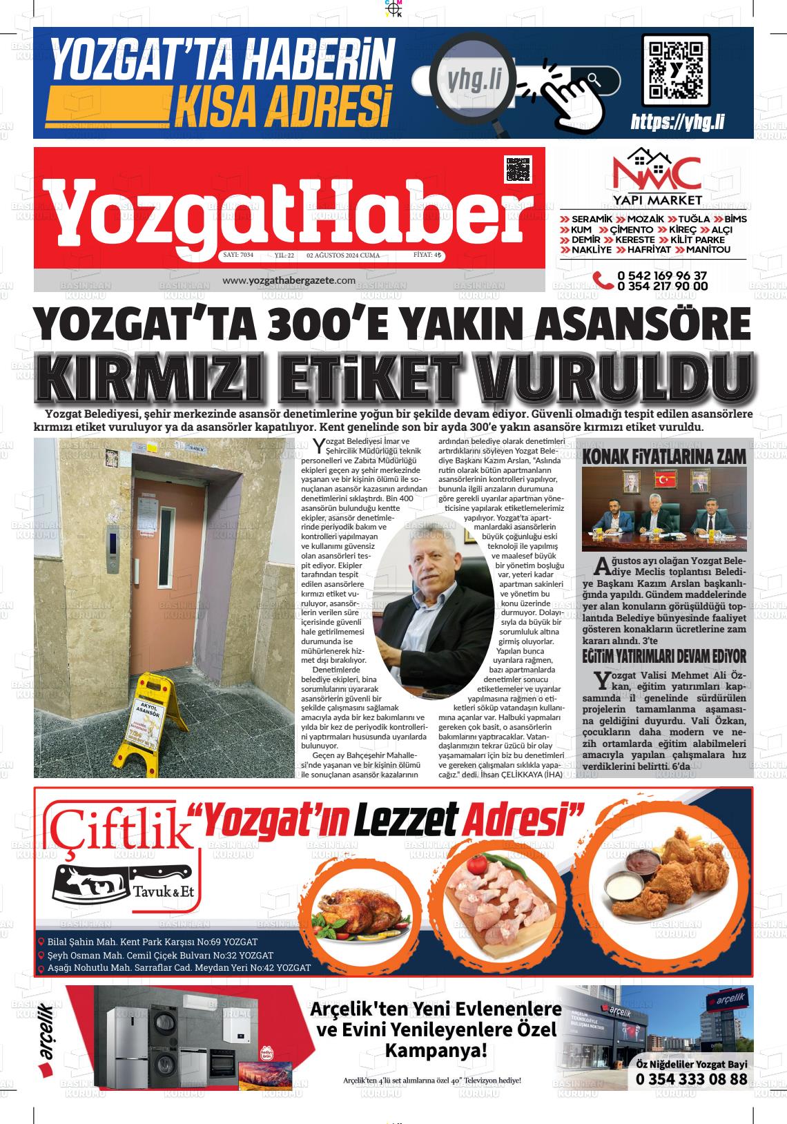 02 Ağustos 2024 Yozgat Haber Gazete Manşeti