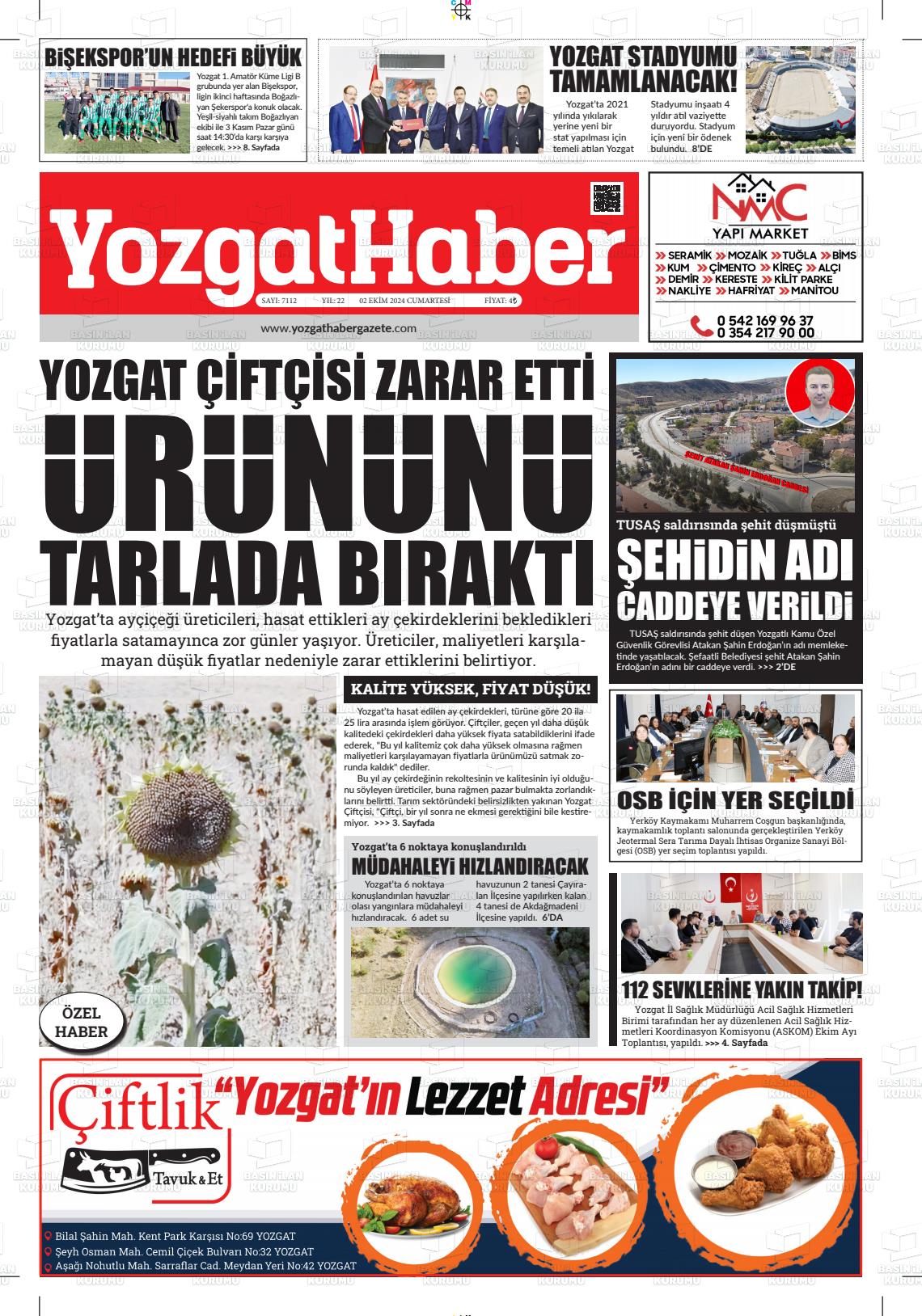 02 Kasım 2024 Yozgat Haber Gazete Manşeti