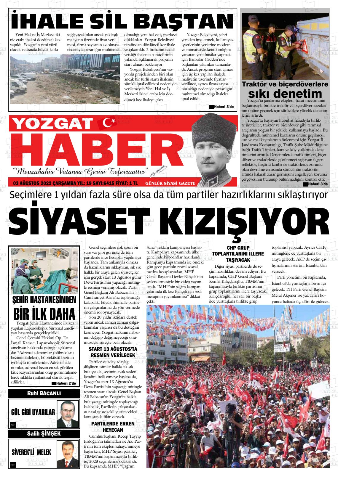 03 Ağustos 2022 Yozgat Haber Gazete Manşeti