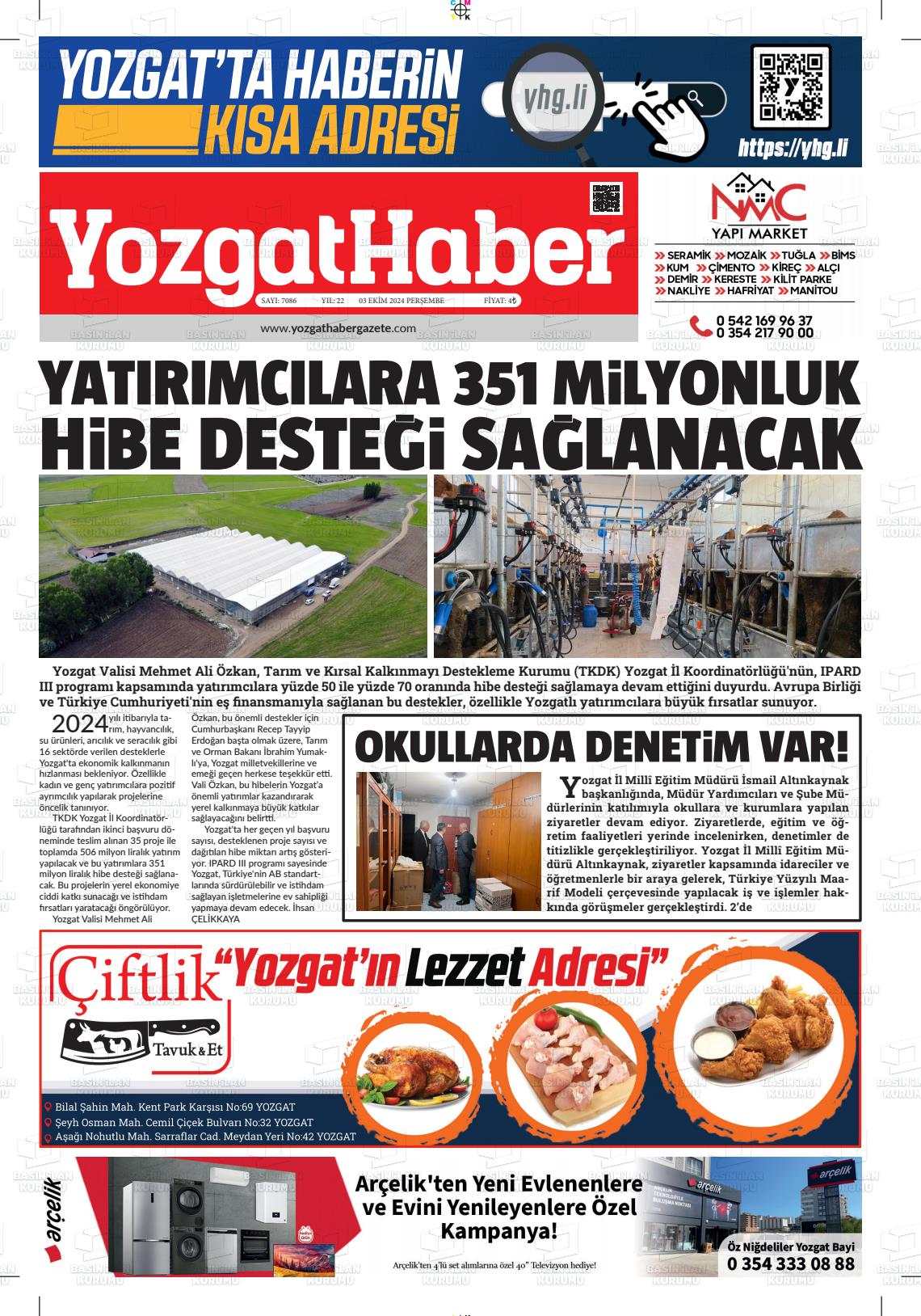 03 Ekim 2024 Yozgat Haber Gazete Manşeti