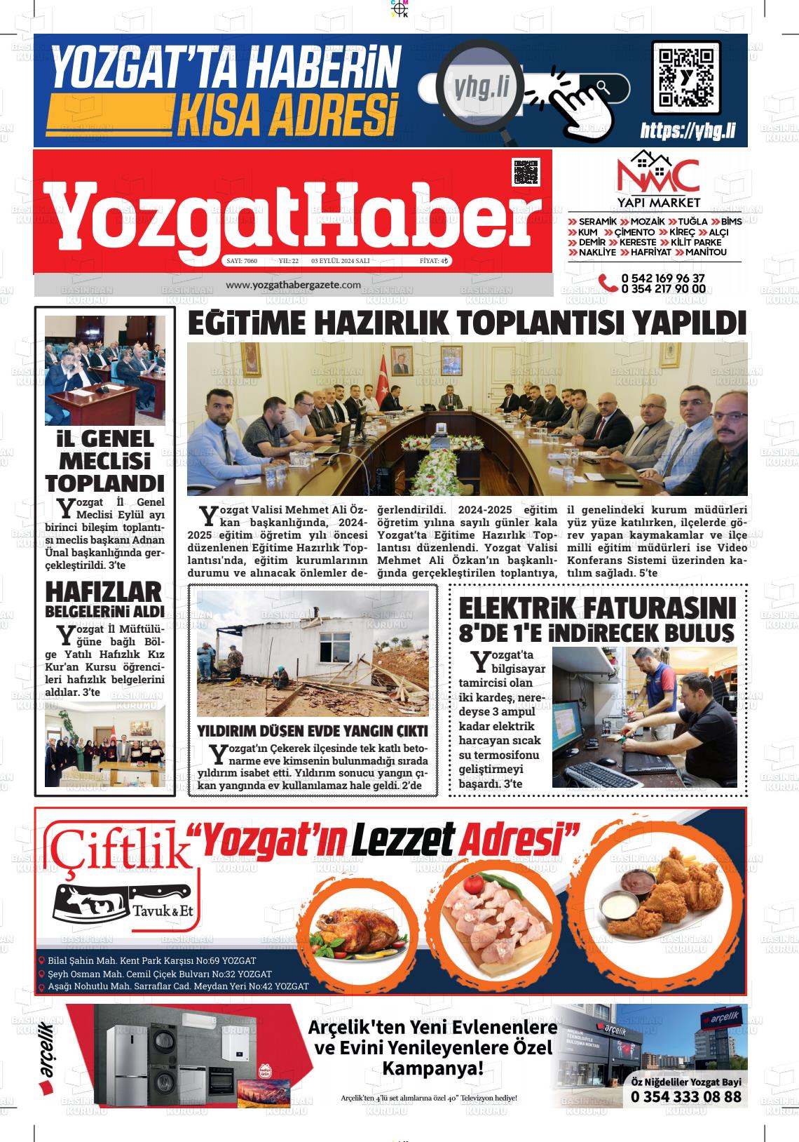 03 Eylül 2024 Yozgat Haber Gazete Manşeti