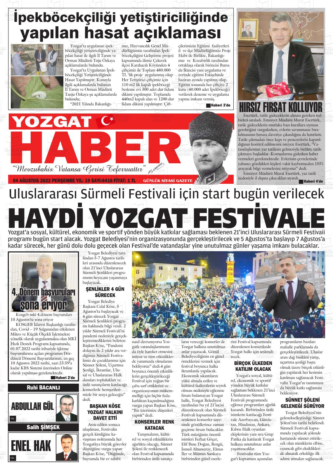 04 Ağustos 2022 Yozgat Haber Gazete Manşeti