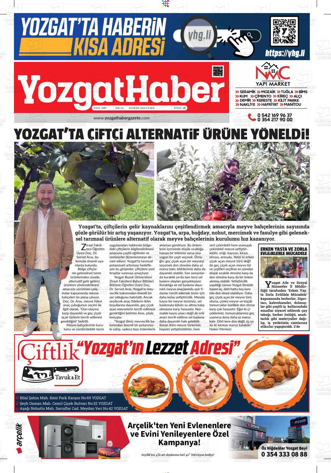 04 Ekim 2024 Yozgat Haber Gazete Manşeti