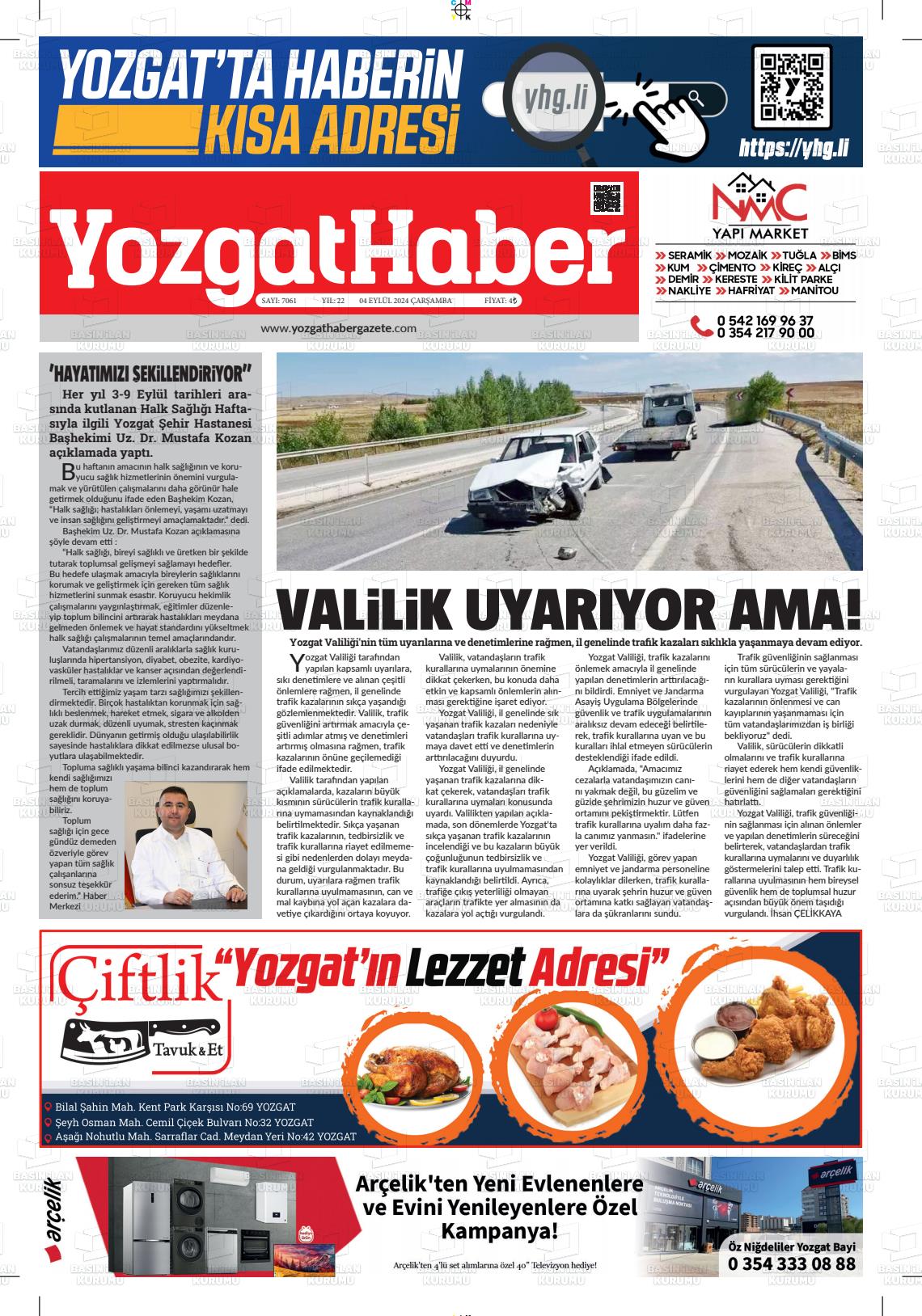 04 Eylül 2024 Yozgat Haber Gazete Manşeti