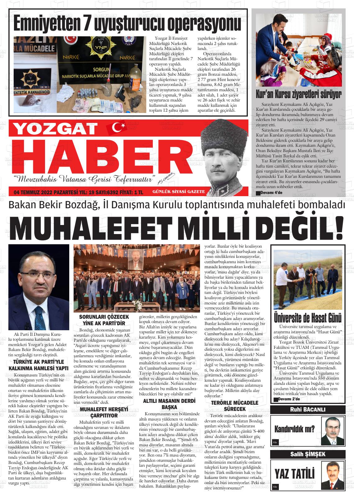 04 Temmuz 2022 Yozgat Haber Gazete Manşeti