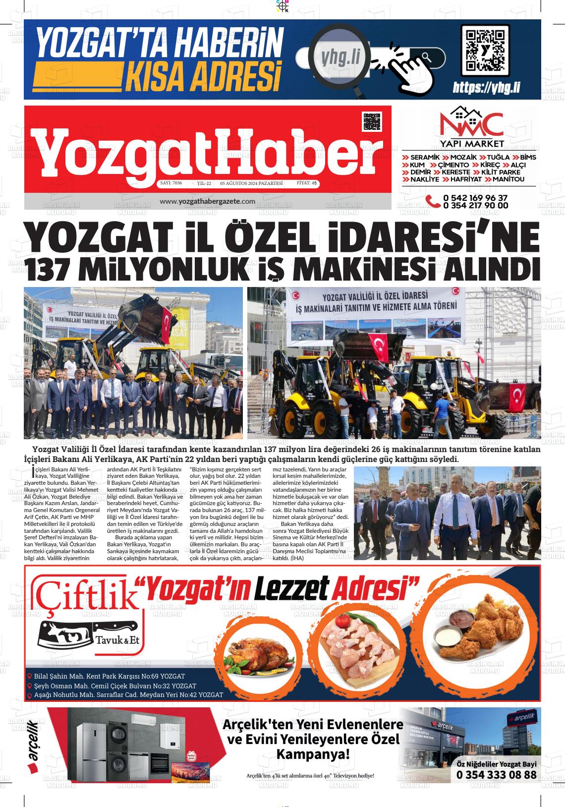 05 Ağustos 2024 Yozgat Haber Gazete Manşeti