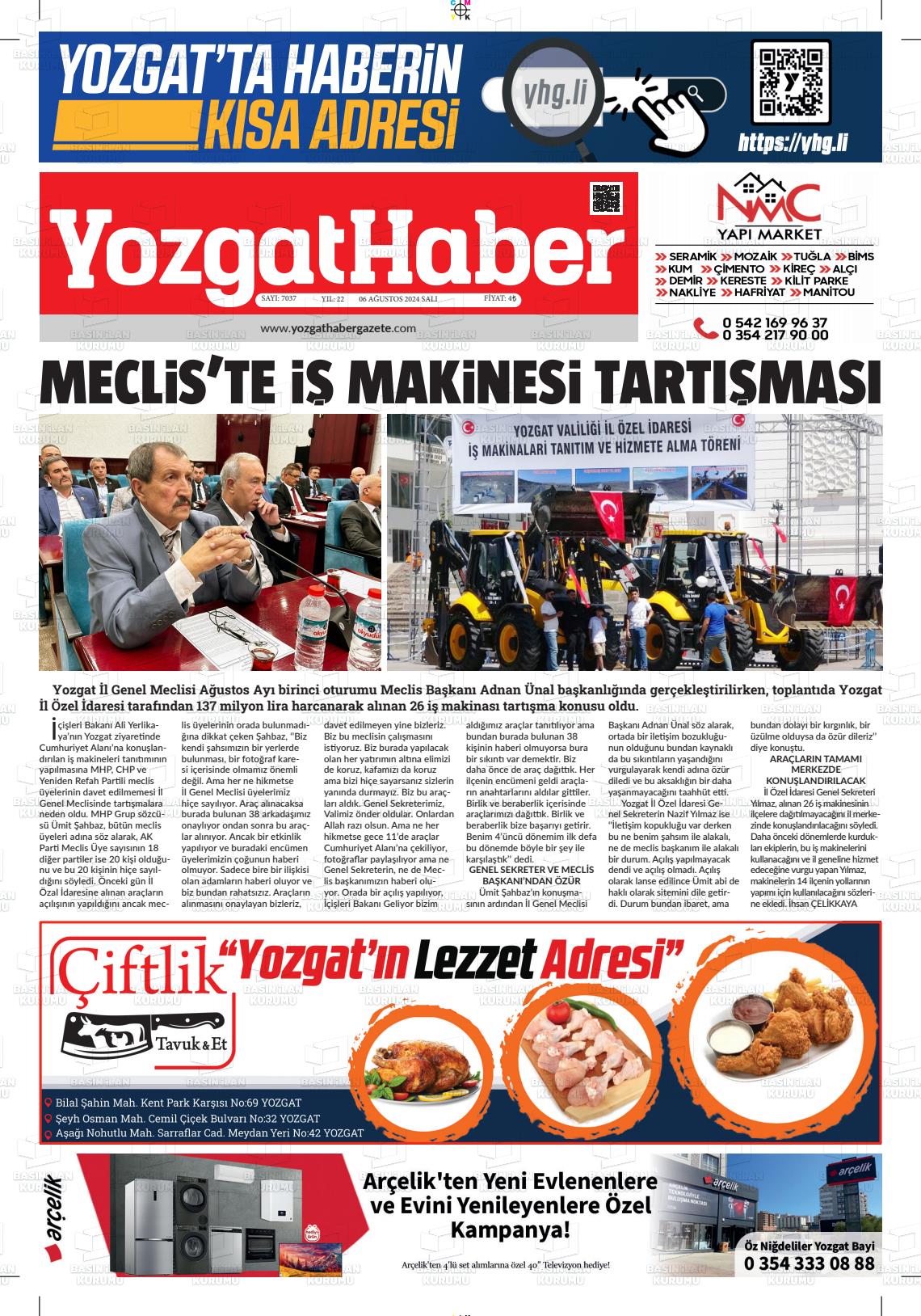 06 Ağustos 2024 Yozgat Haber Gazete Manşeti