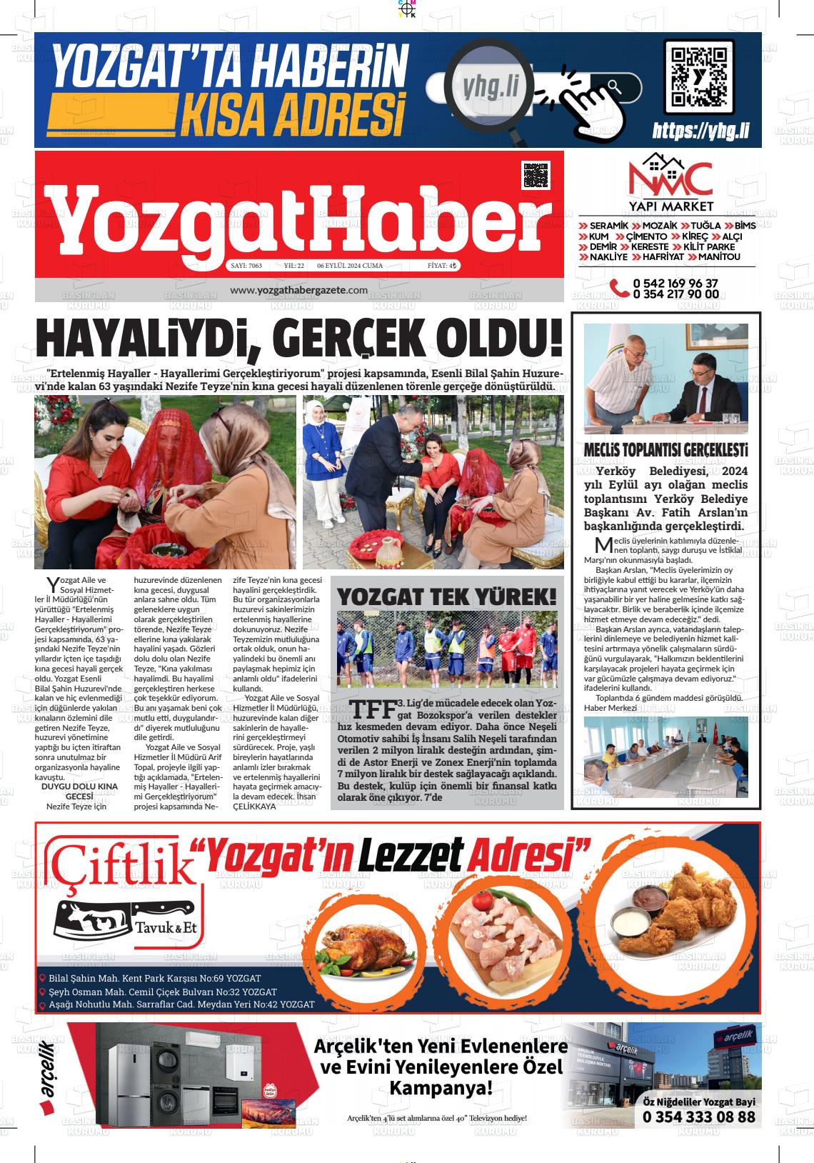 06 Eylül 2024 Yozgat Haber Gazete Manşeti