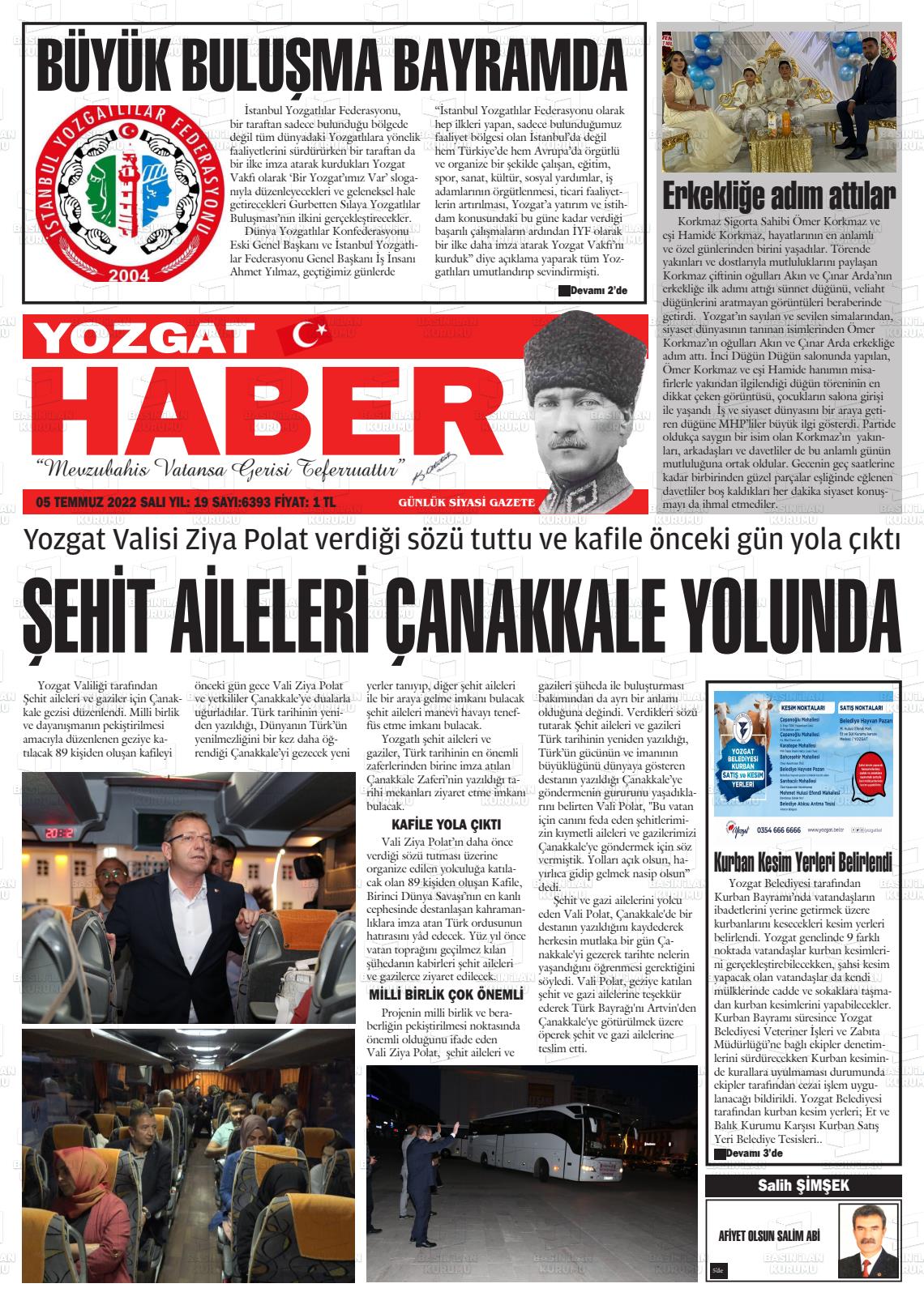 06 Temmuz 2022 Yozgat Haber Gazete Manşeti