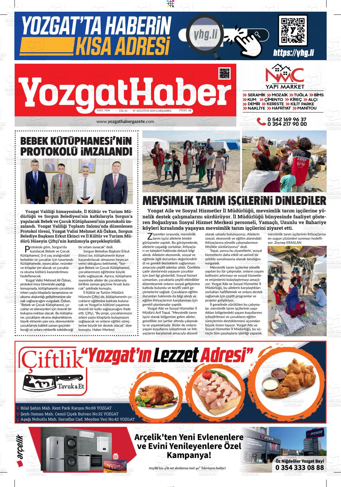 07 Ağustos 2024 Yozgat Haber Gazete Manşeti