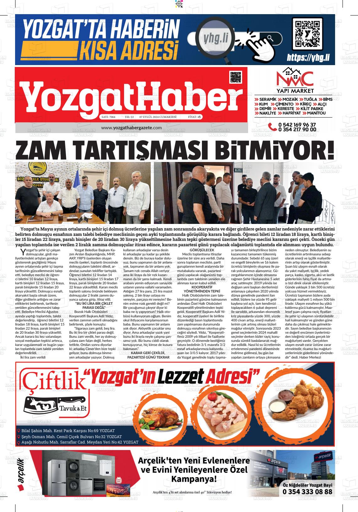 07 Eylül 2024 Yozgat Haber Gazete Manşeti