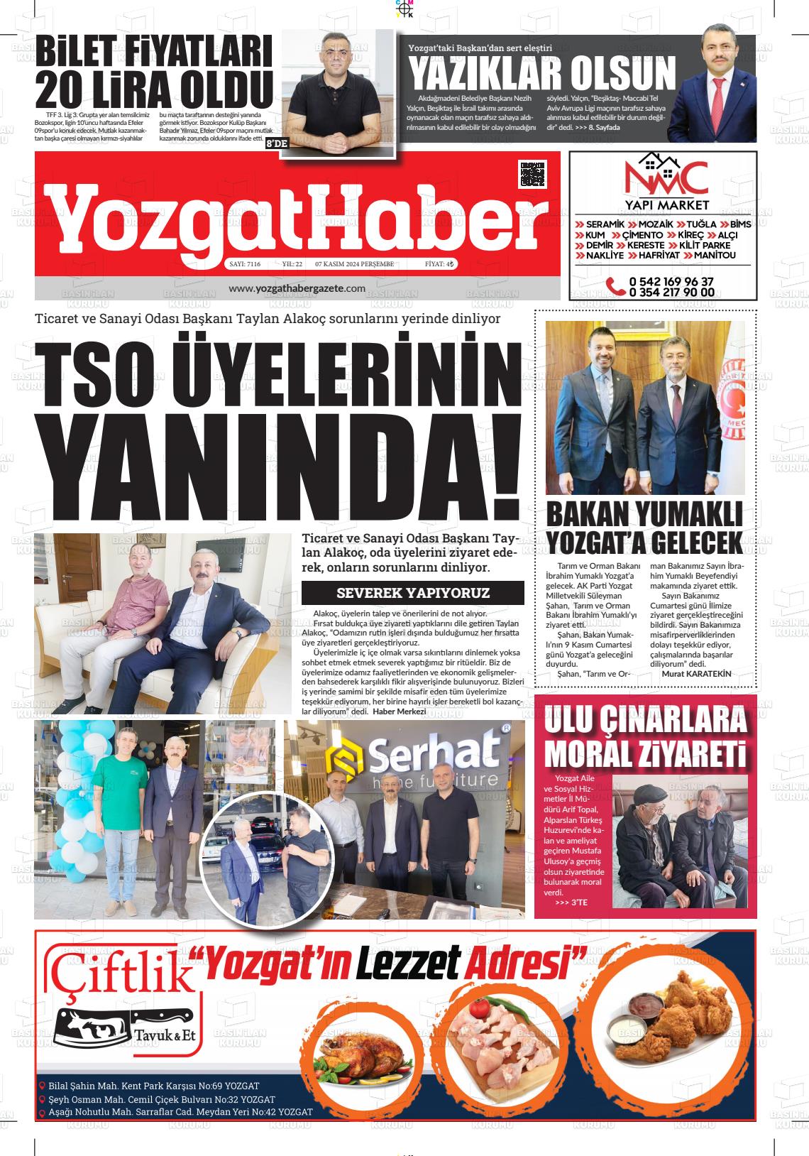 07 Kasım 2024 Yozgat Haber Gazete Manşeti