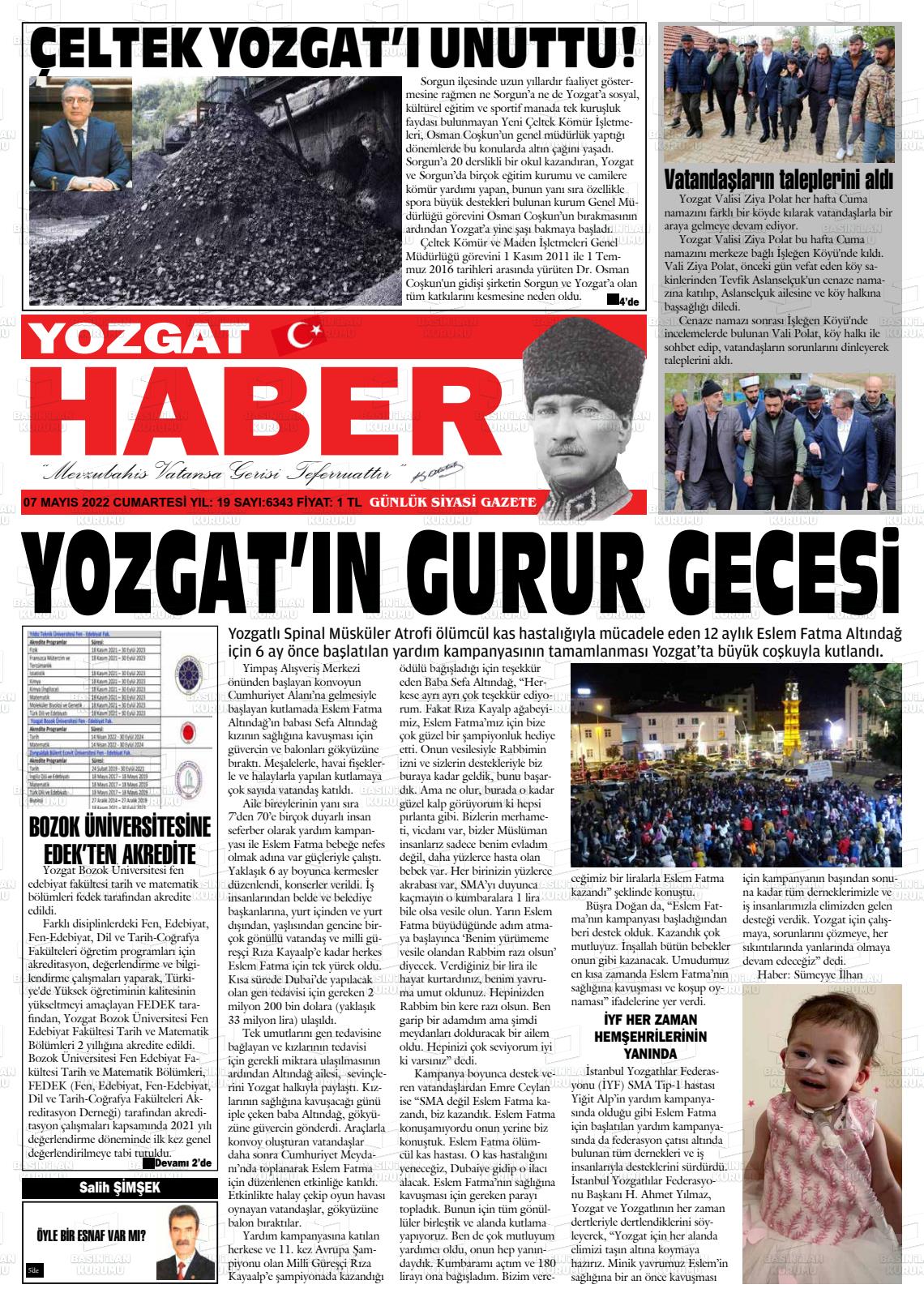 07 Mayıs 2022 Yozgat Haber Gazete Manşeti