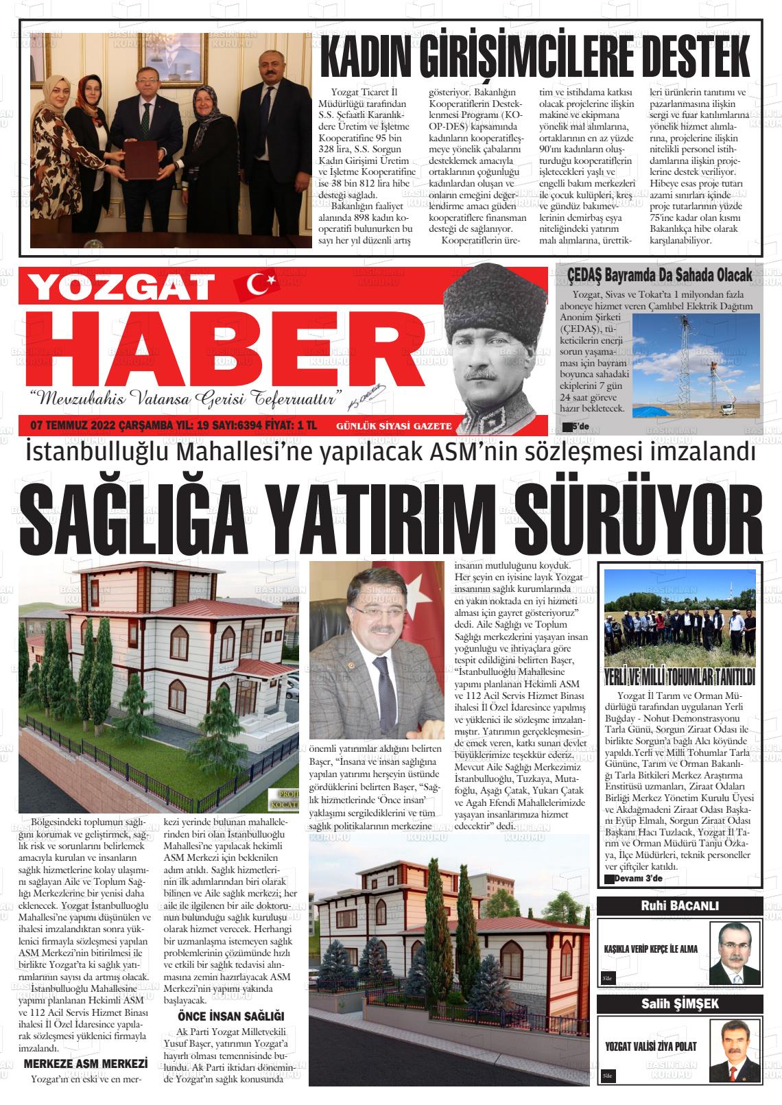 07 Temmuz 2022 Yozgat Haber Gazete Manşeti