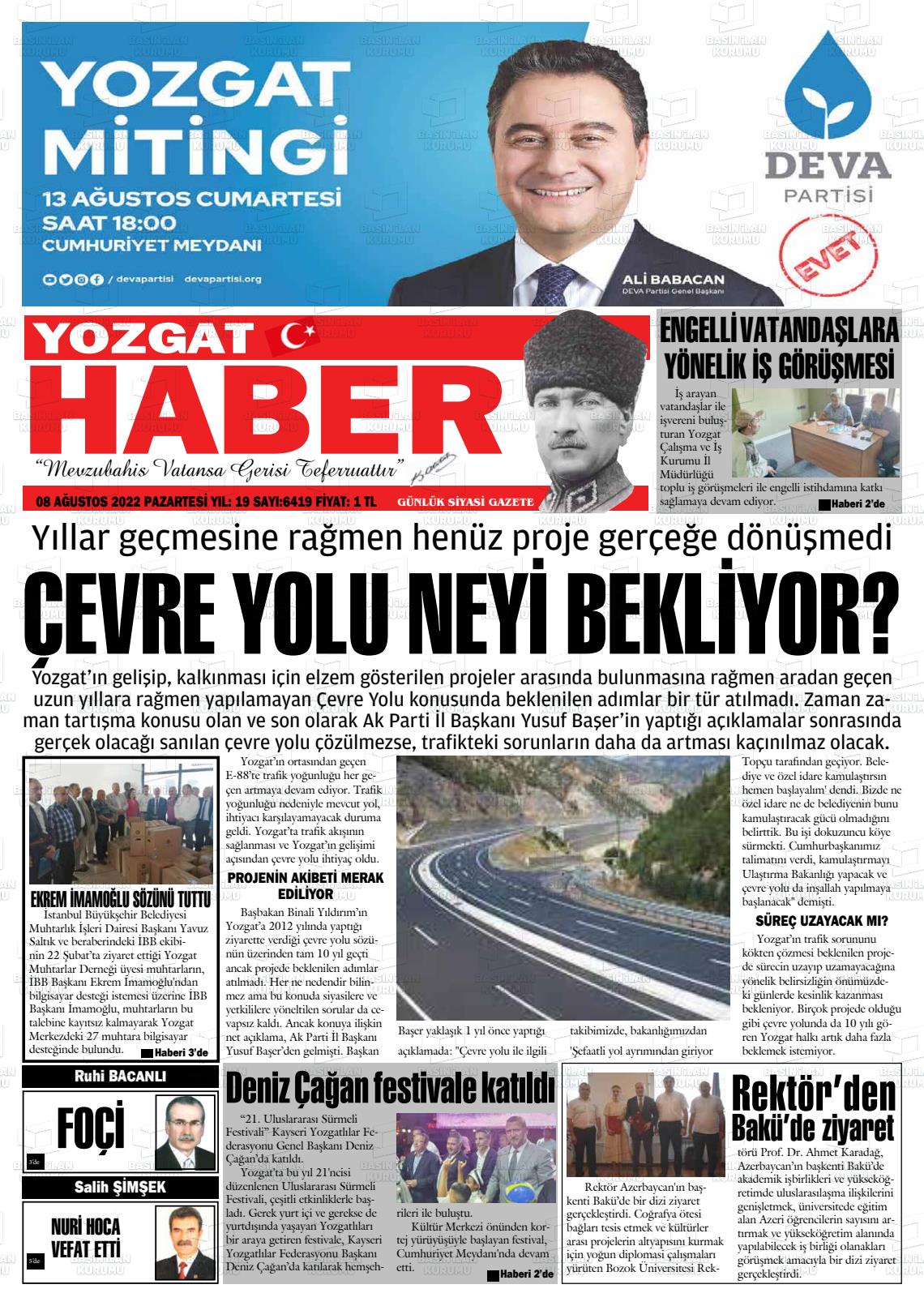 08 Ağustos 2022 Yozgat Haber Gazete Manşeti