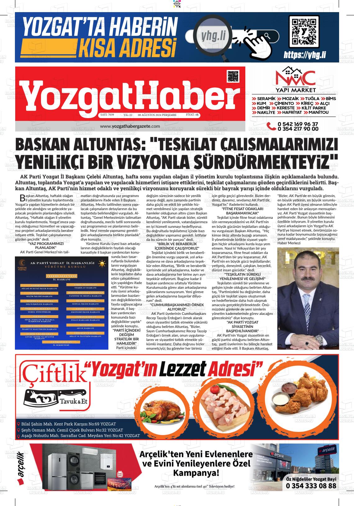 08 Ağustos 2024 Yozgat Haber Gazete Manşeti