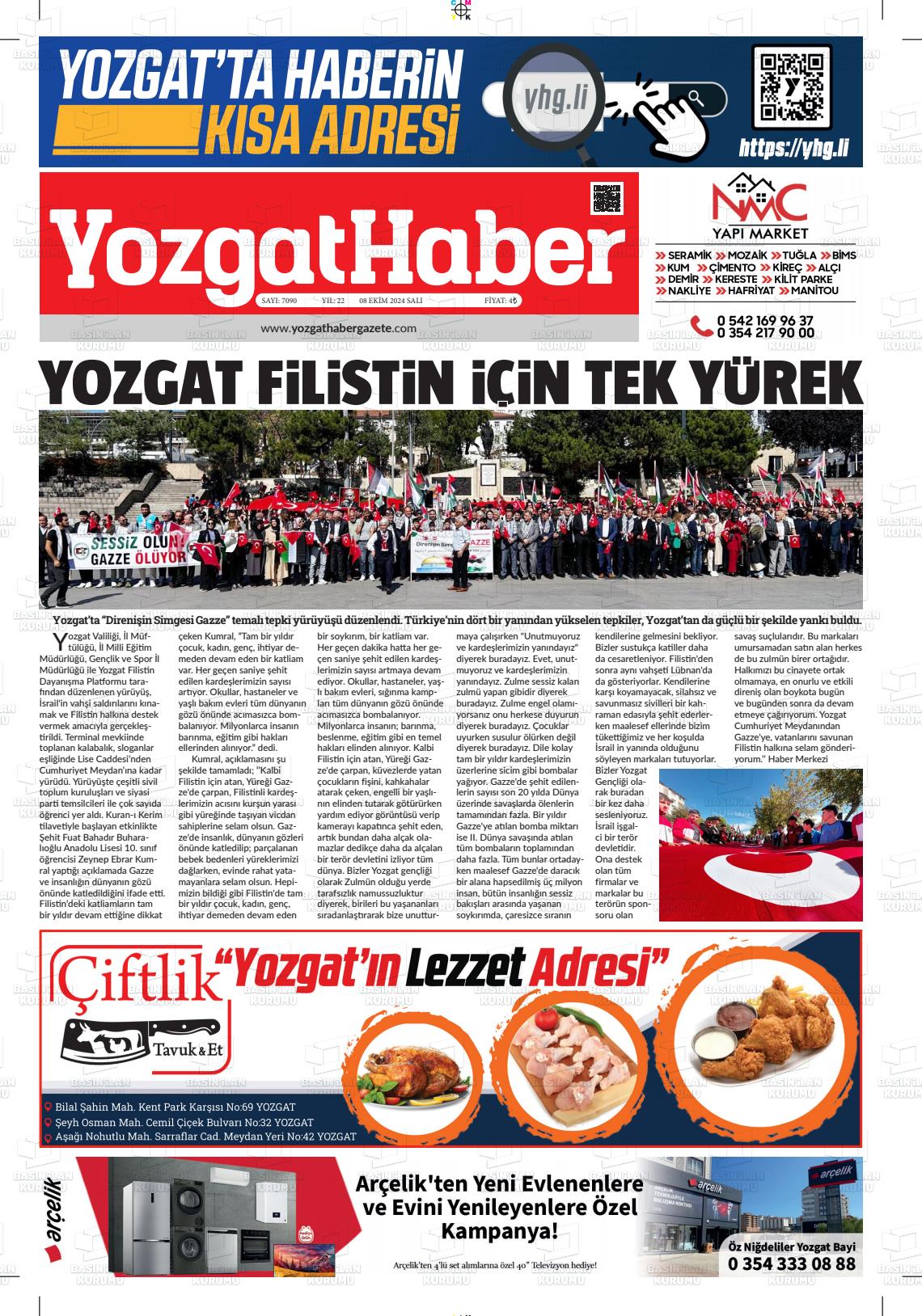 08 Ekim 2024 Yozgat Haber Gazete Manşeti