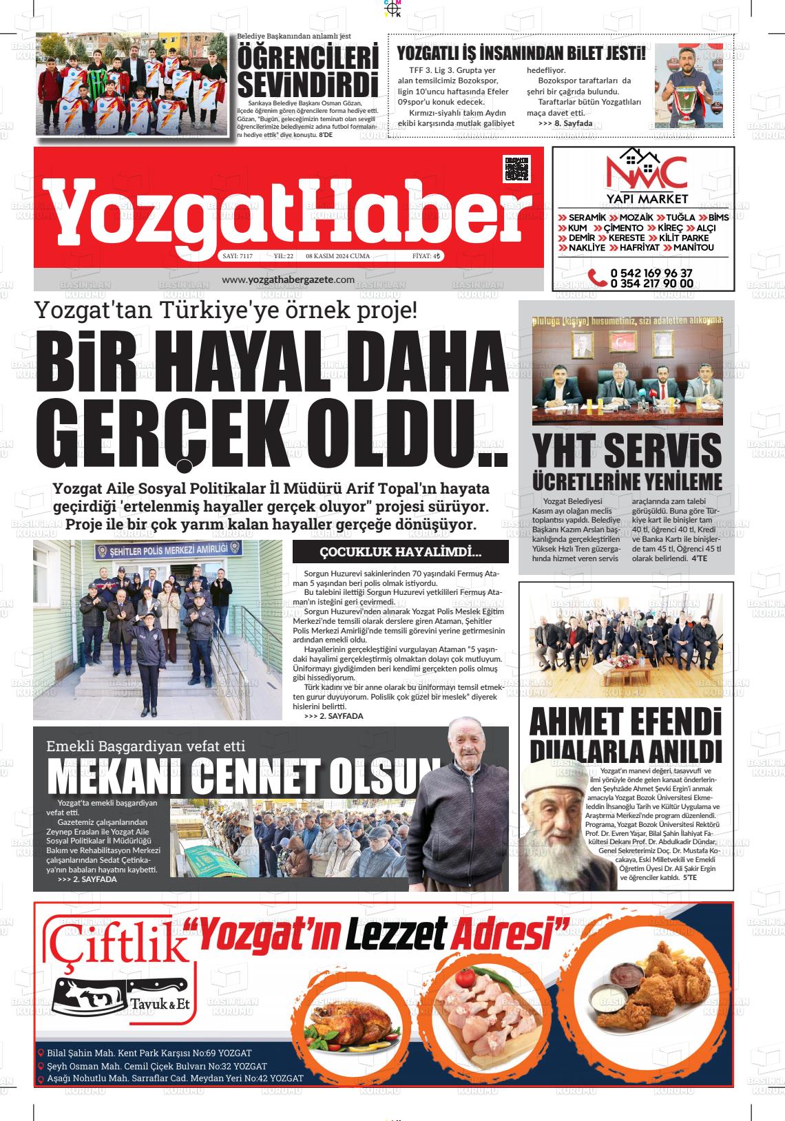 08 Kasım 2024 Yozgat Haber Gazete Manşeti