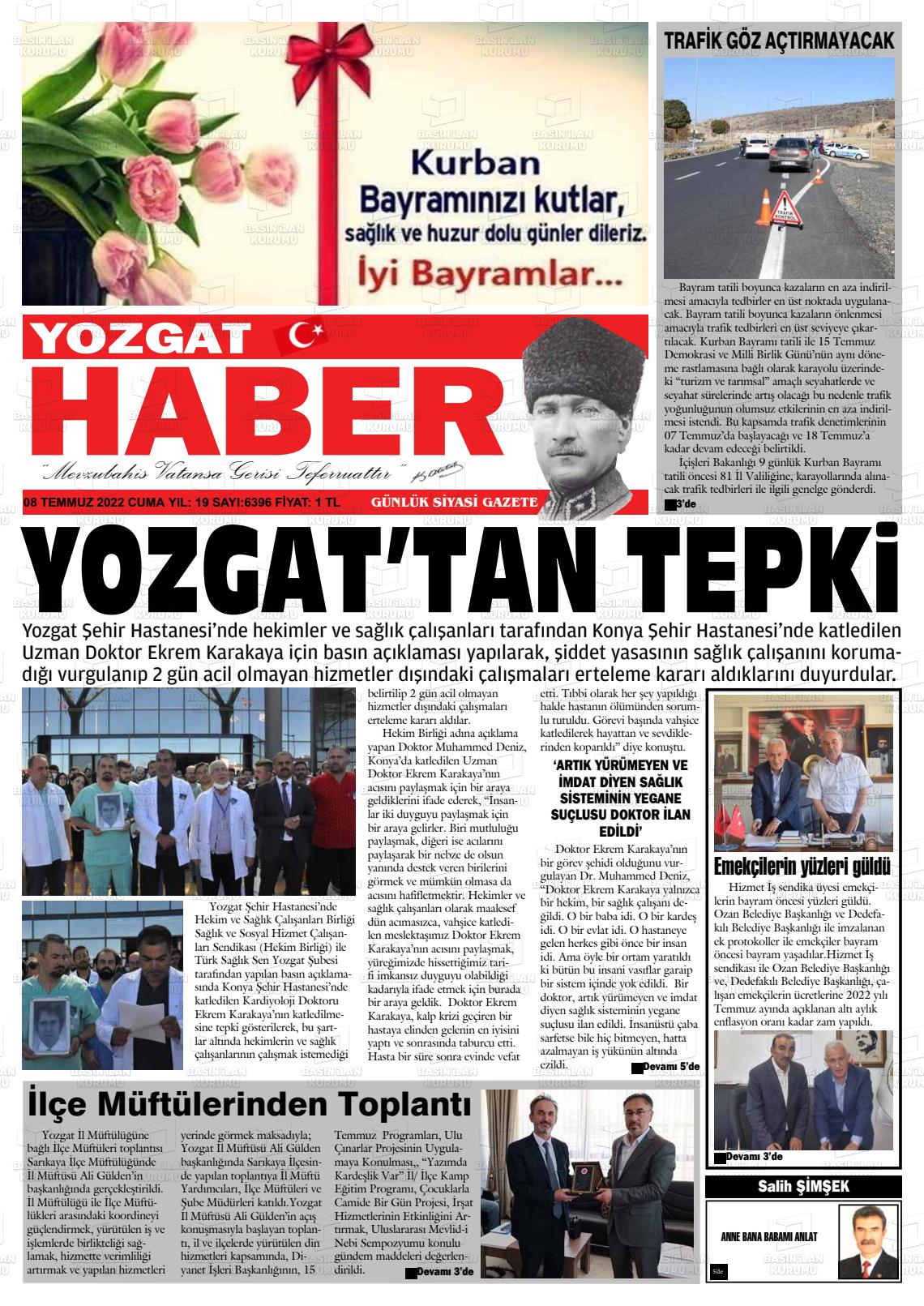 08 Temmuz 2022 Yozgat Haber Gazete Manşeti