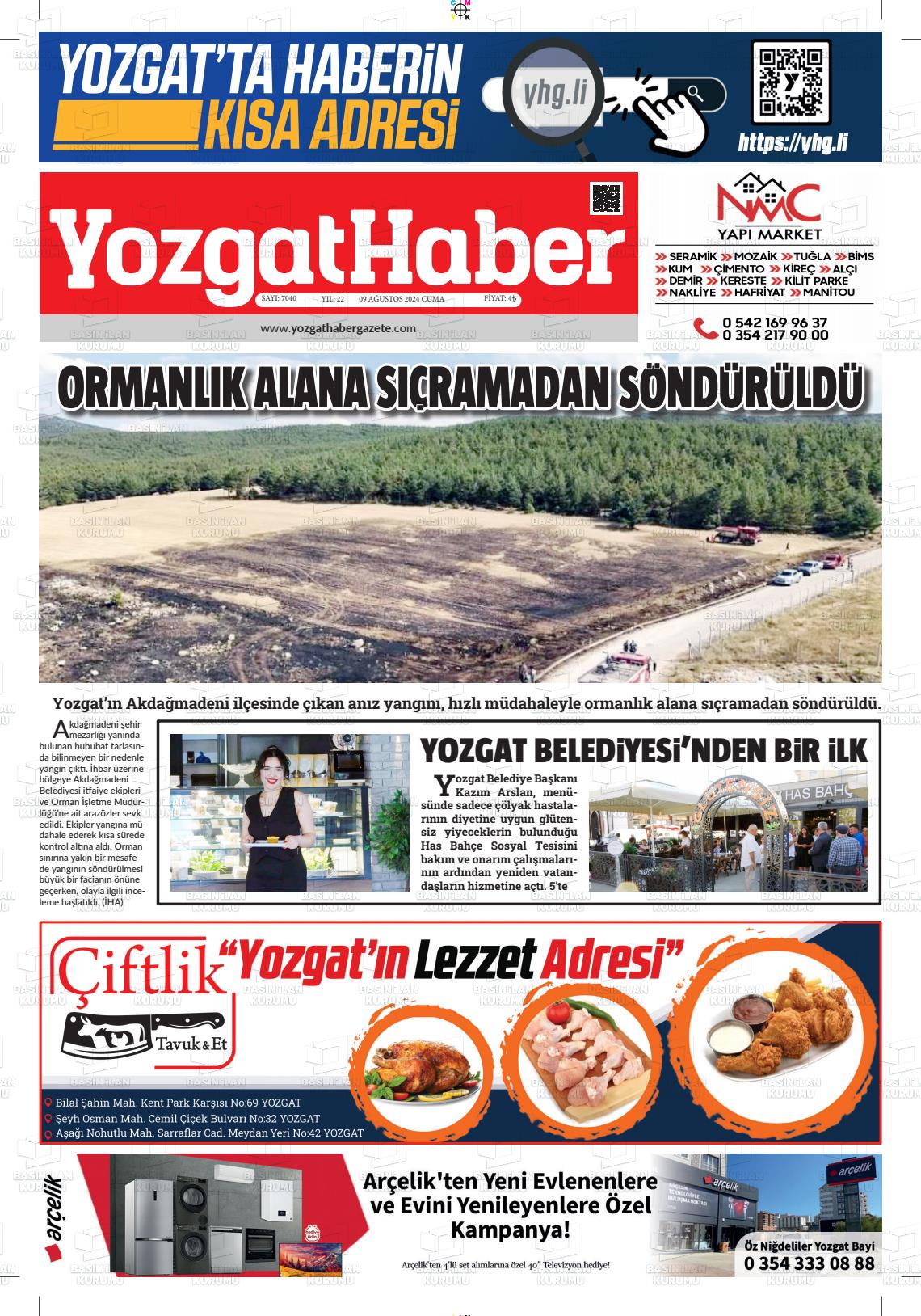 09 Ağustos 2024 Yozgat Haber Gazete Manşeti