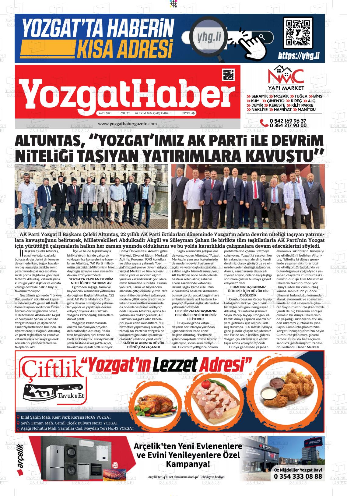 09 Ekim 2024 Yozgat Haber Gazete Manşeti