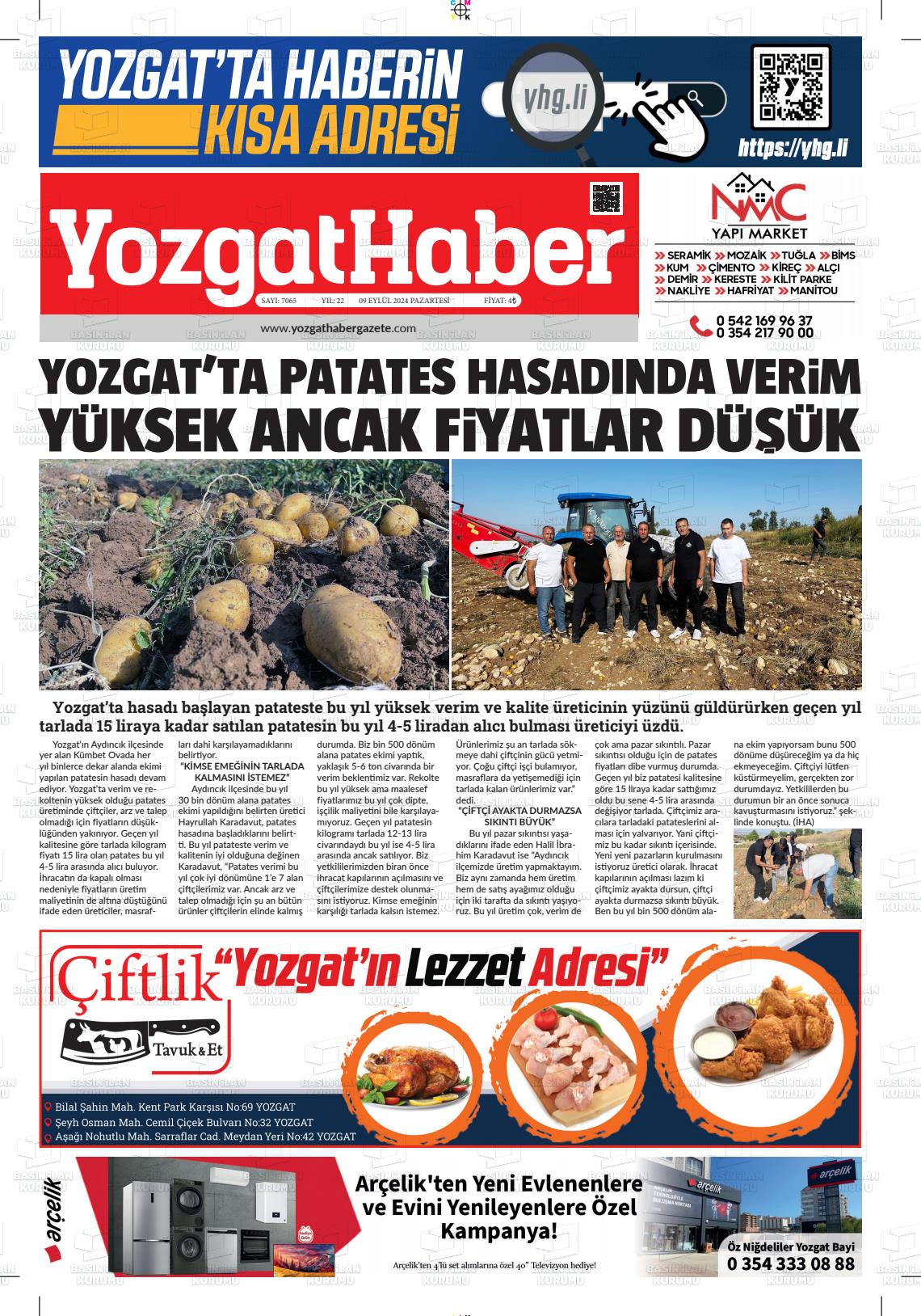 09 Eylül 2024 Yozgat Haber Gazete Manşeti