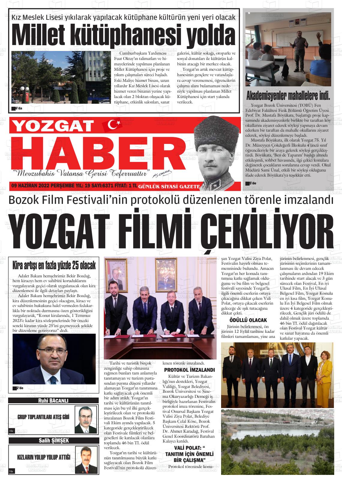 09 Haziran 2022 Yozgat Haber Gazete Manşeti