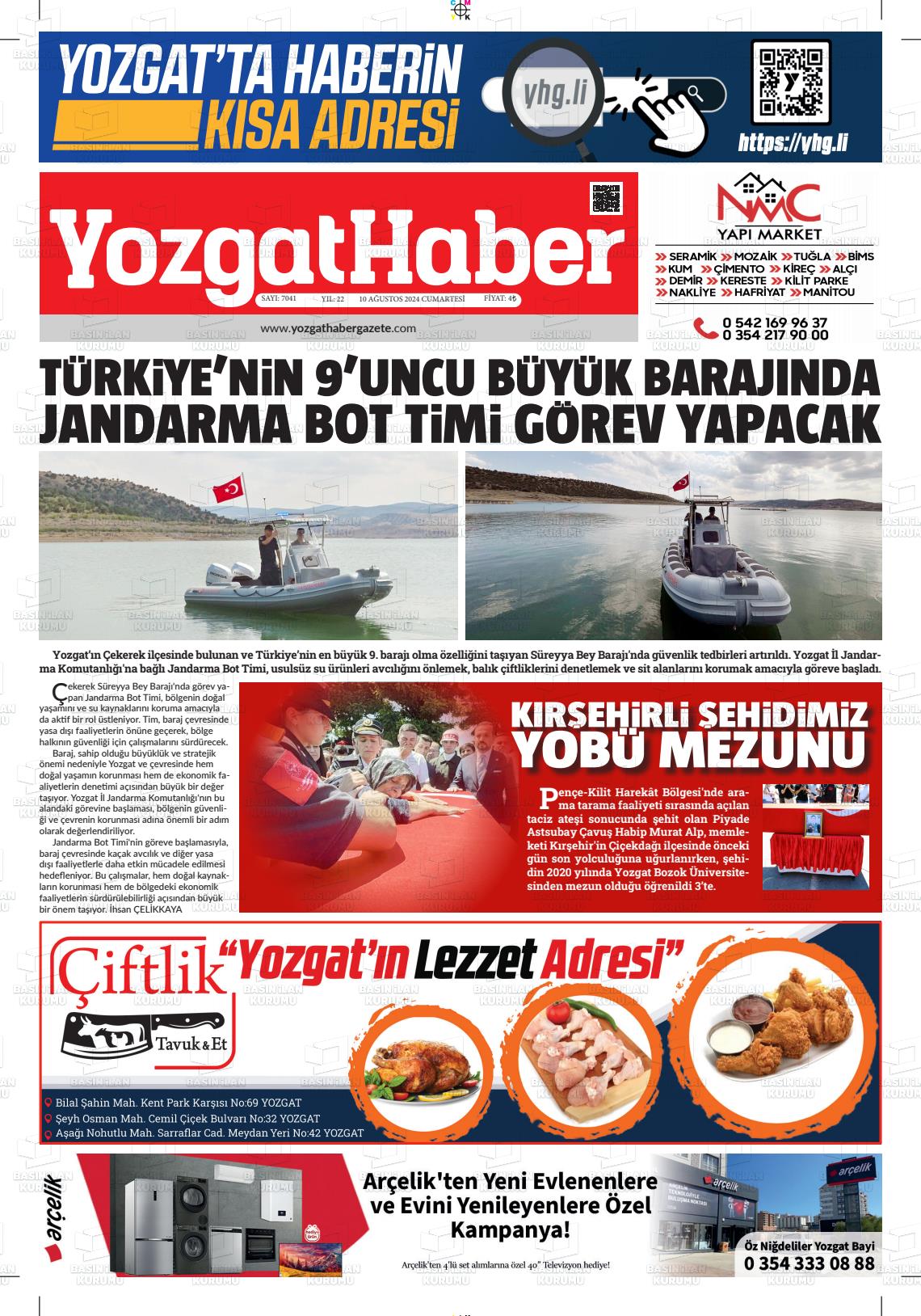 10 Ağustos 2024 Yozgat Haber Gazete Manşeti