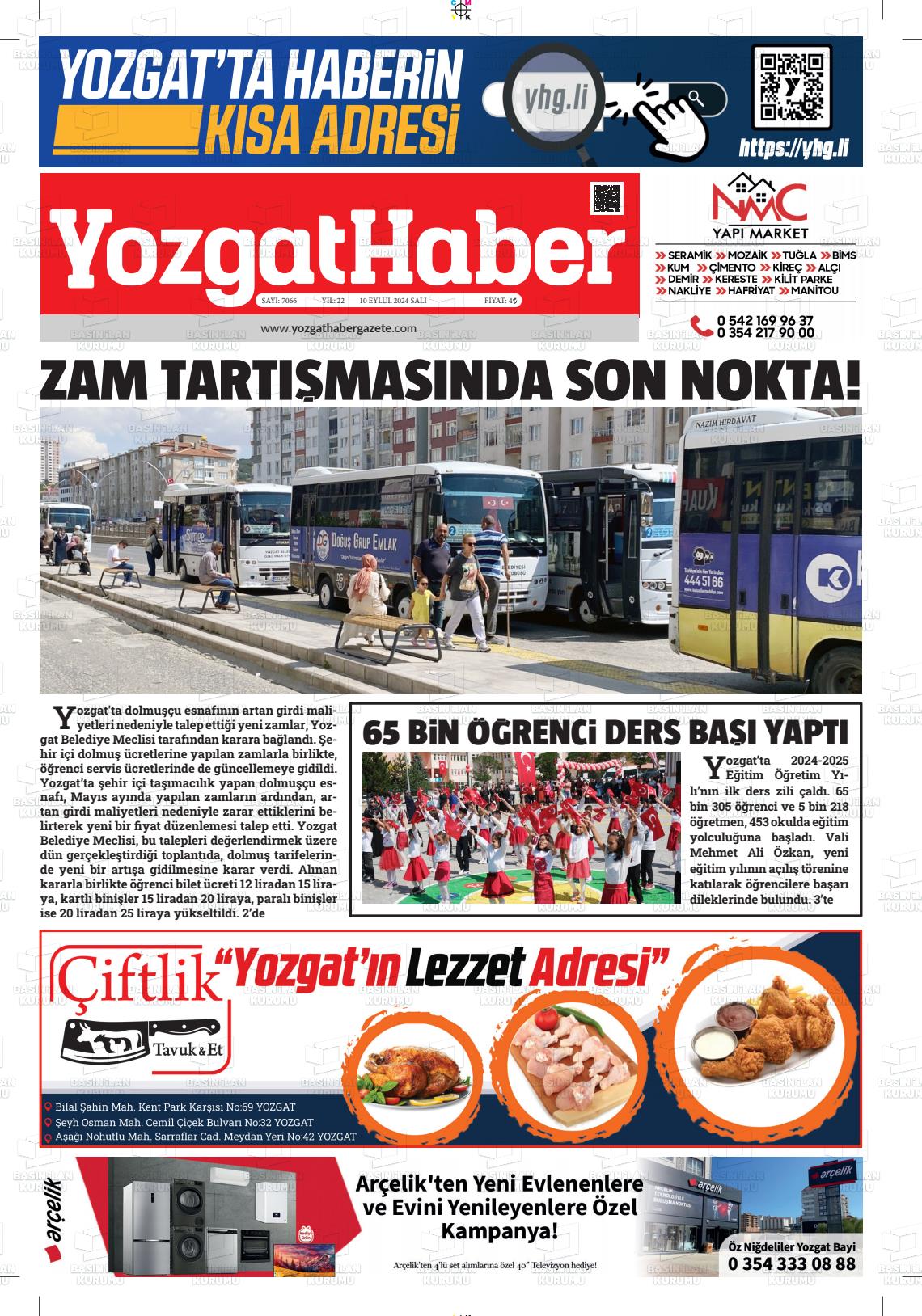 10 Eylül 2024 Yozgat Haber Gazete Manşeti