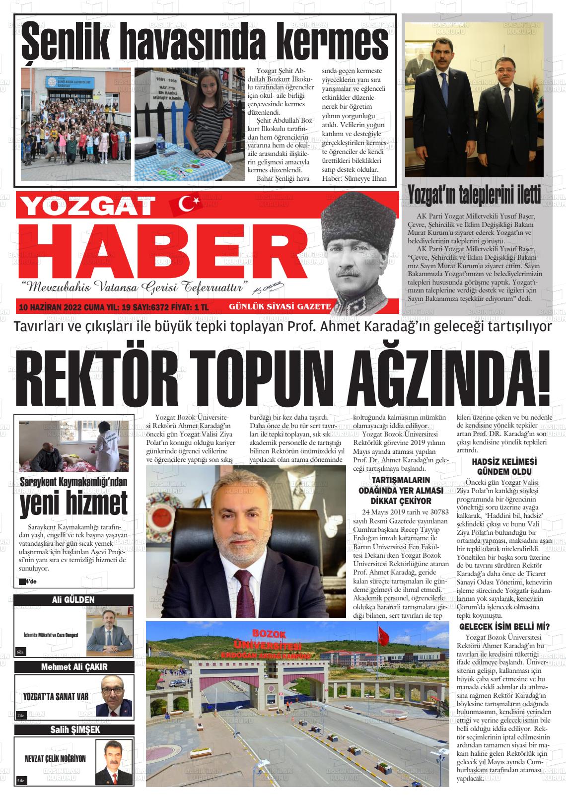 10 Haziran 2022 Yozgat Haber Gazete Manşeti