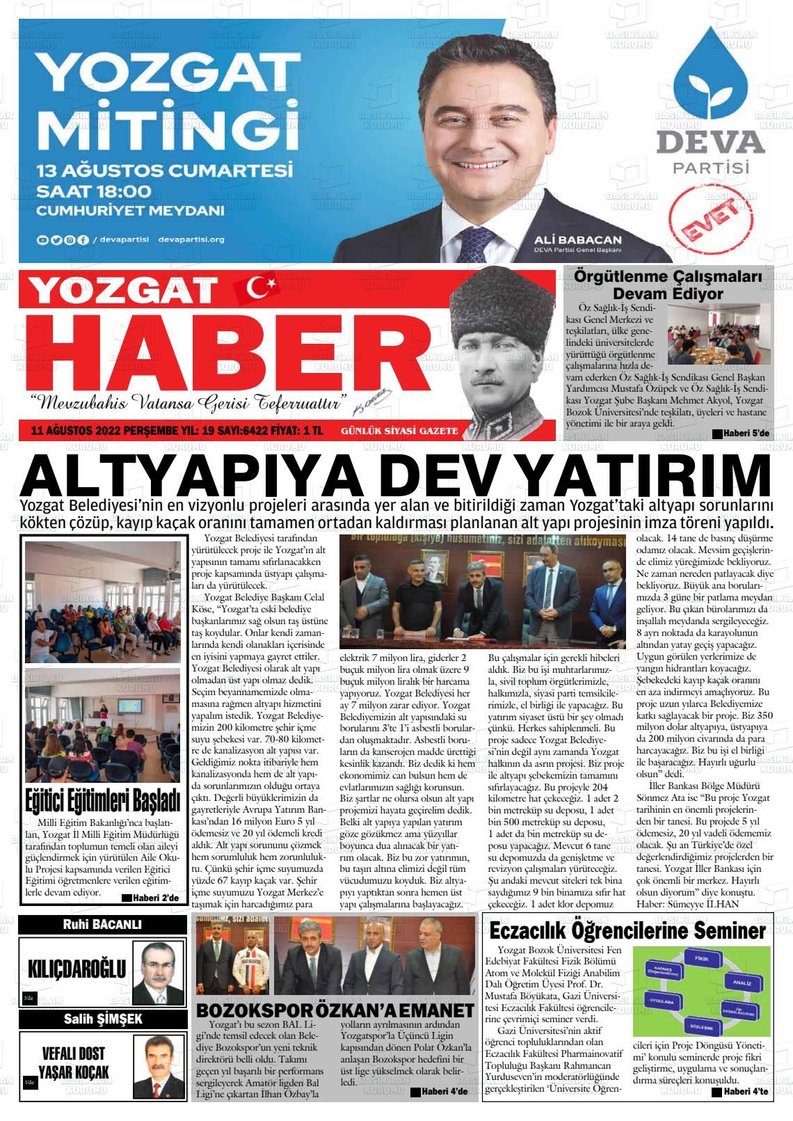 11 Ağustos 2022 Yozgat Haber Gazete Manşeti