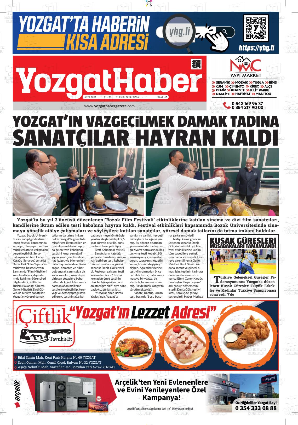 11 Ekim 2024 Yozgat Haber Gazete Manşeti