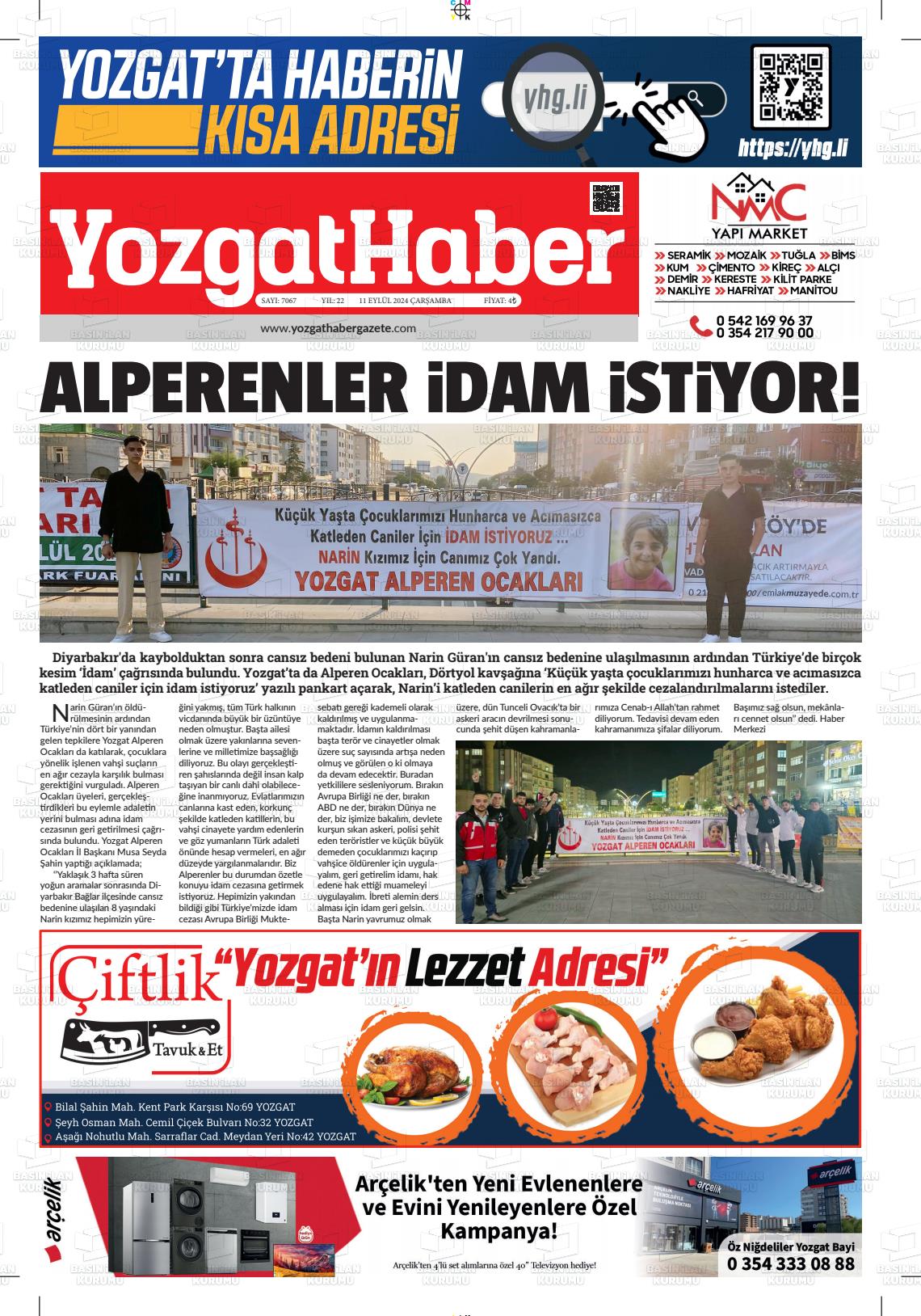 11 Eylül 2024 Yozgat Haber Gazete Manşeti