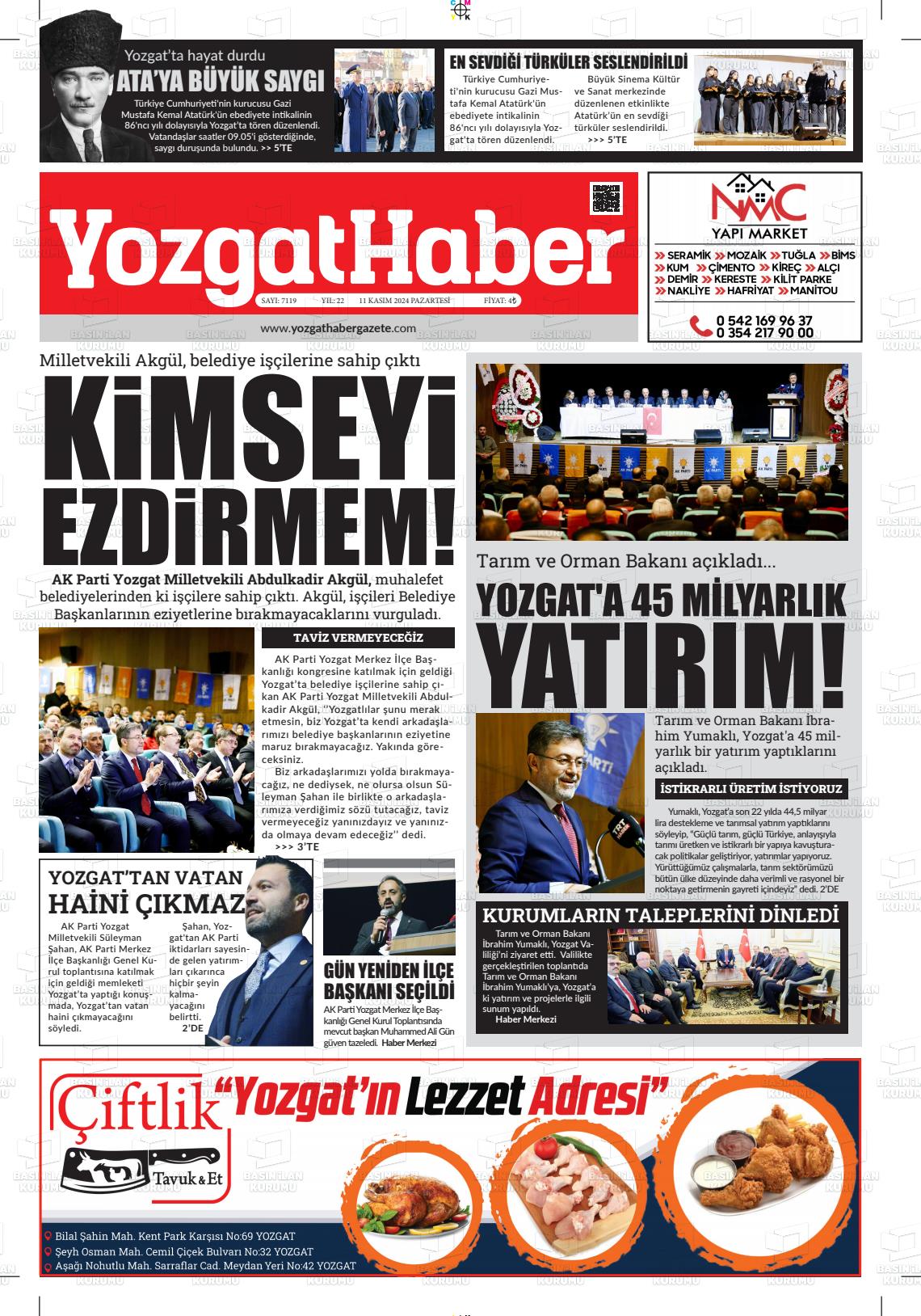 11 Kasım 2024 Yozgat Haber Gazete Manşeti